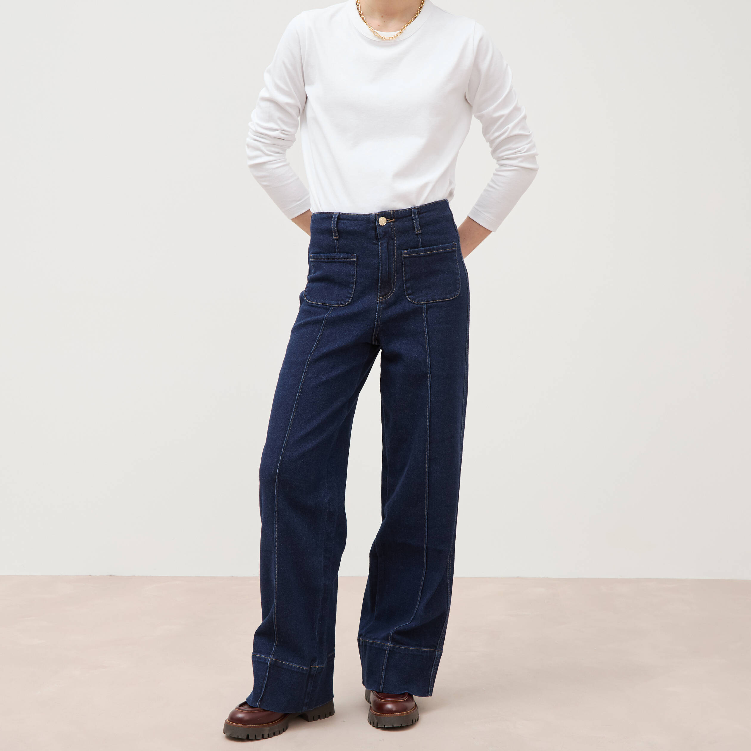 Jeans wide large taille haute denim brut rinse femme