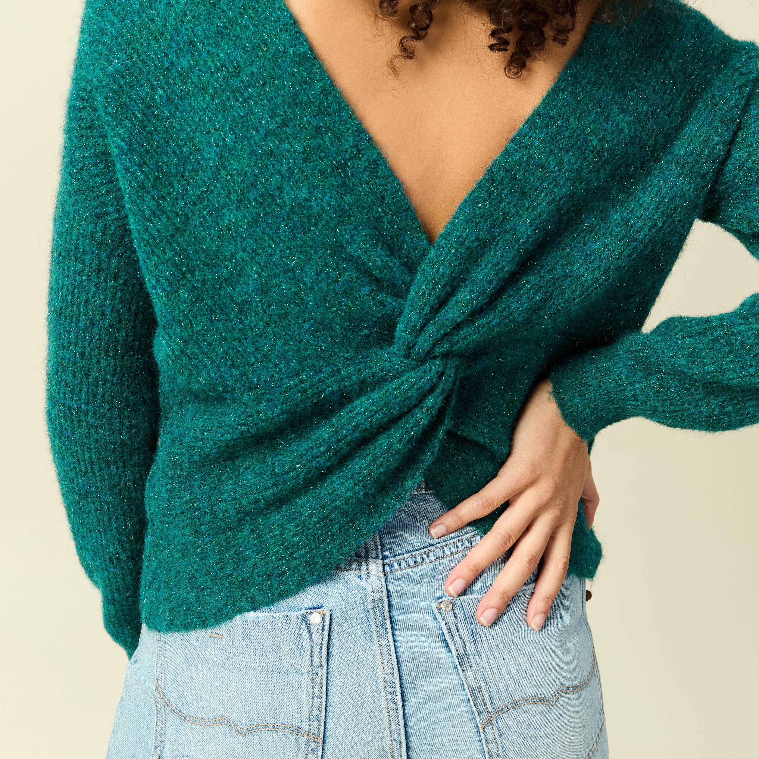 Pull r&eacute;versible manches longues col rond vert femme