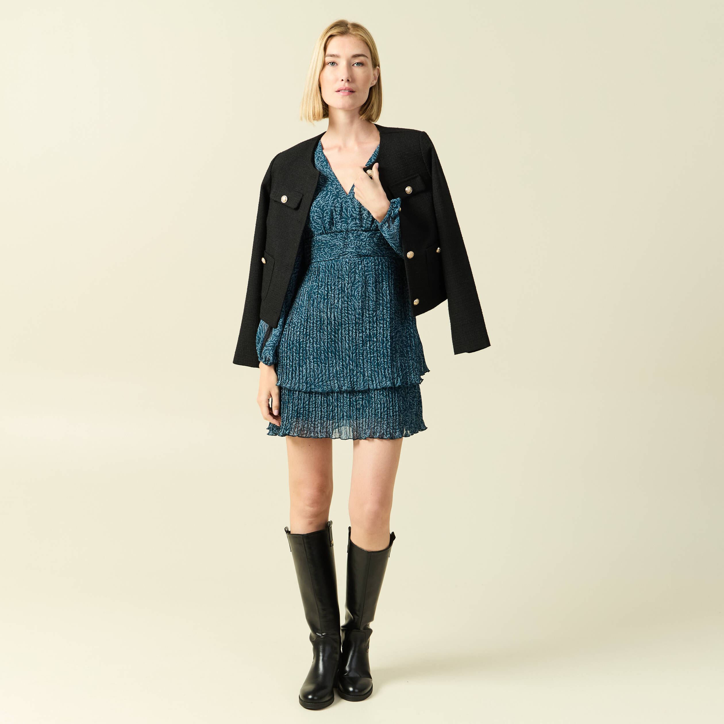 Robe &eacute;vas&eacute;e bas pliss&eacute; bleu canard femme