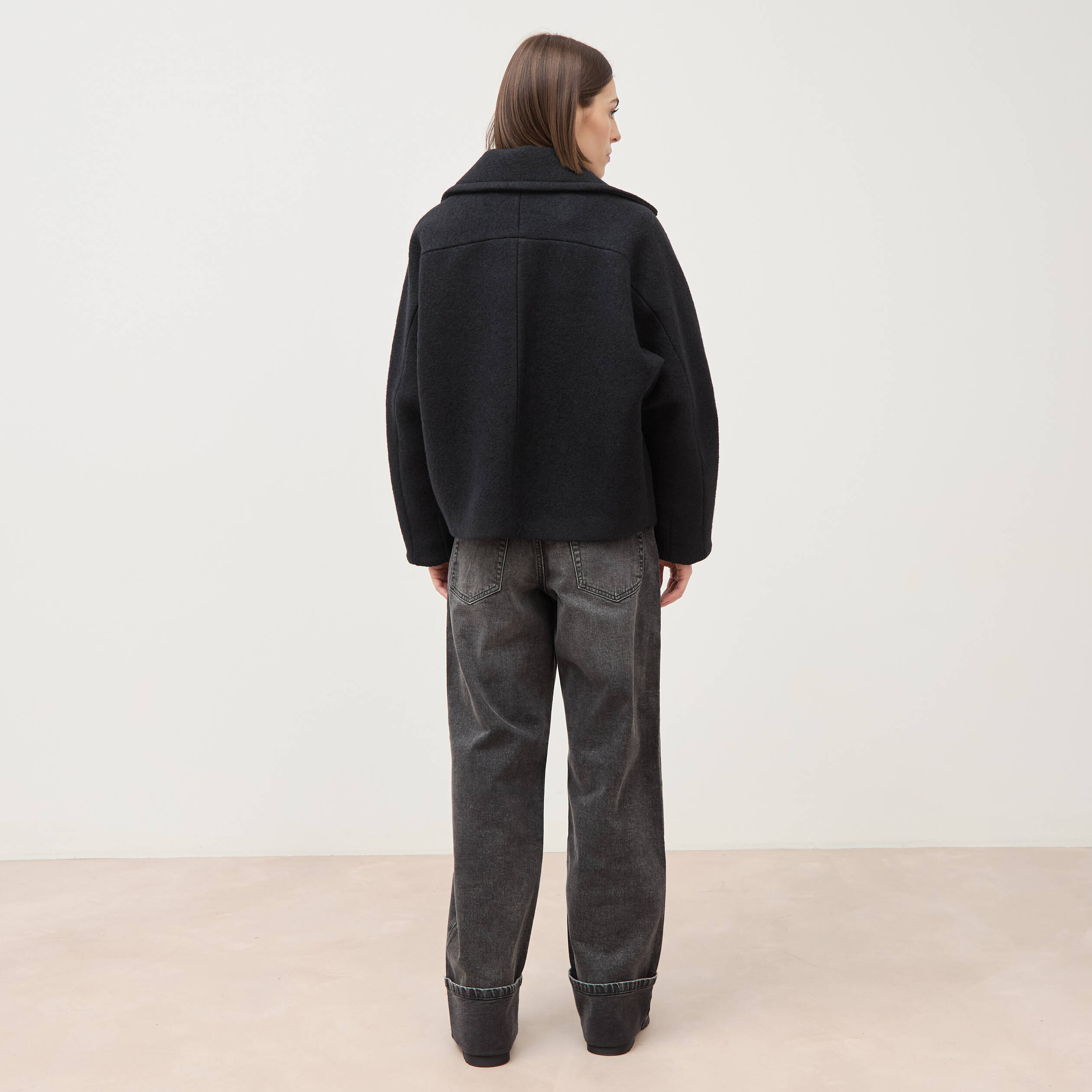 Manteau oversize court col tailleur noir femme