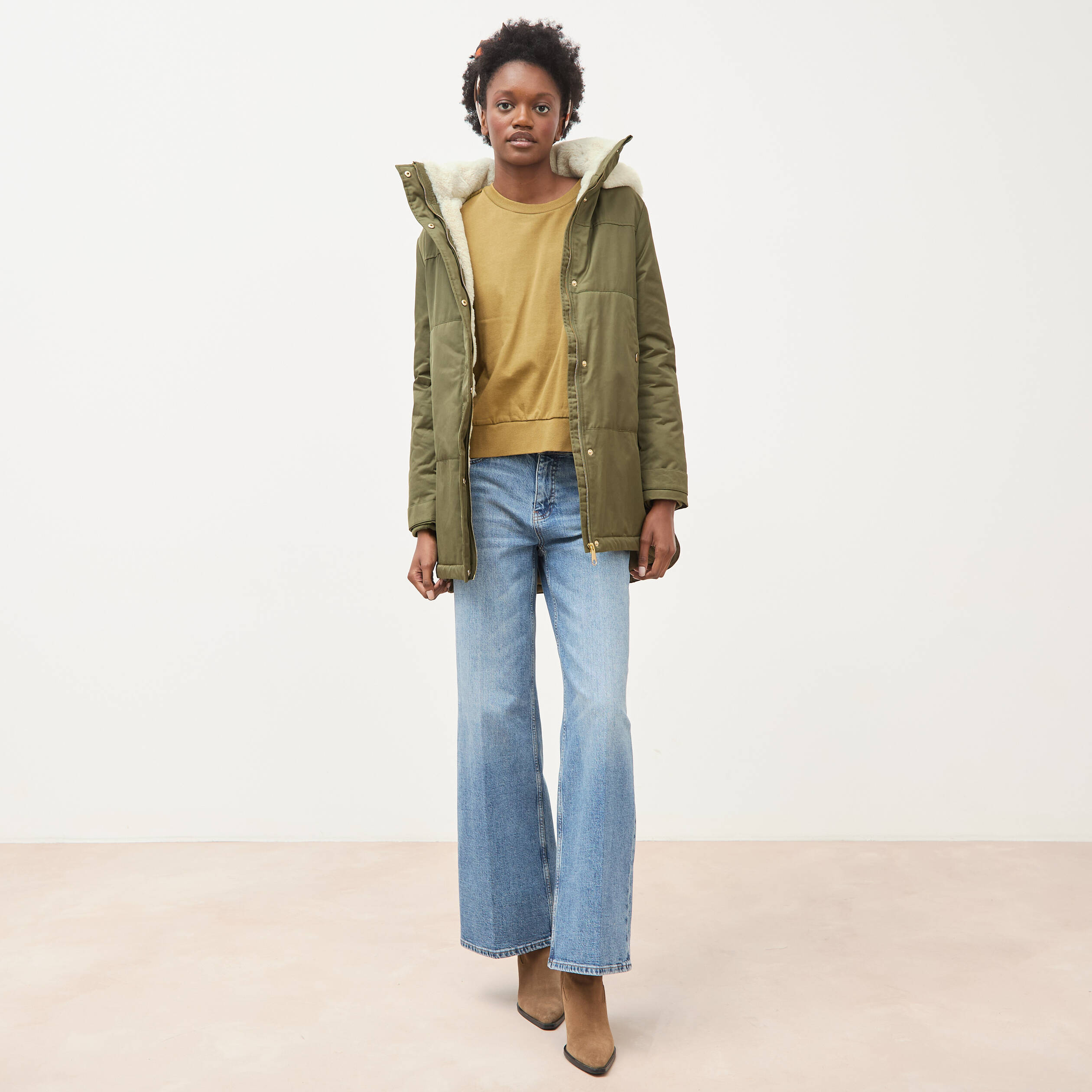 Parka droite &agrave; capuche vert kaki femme
