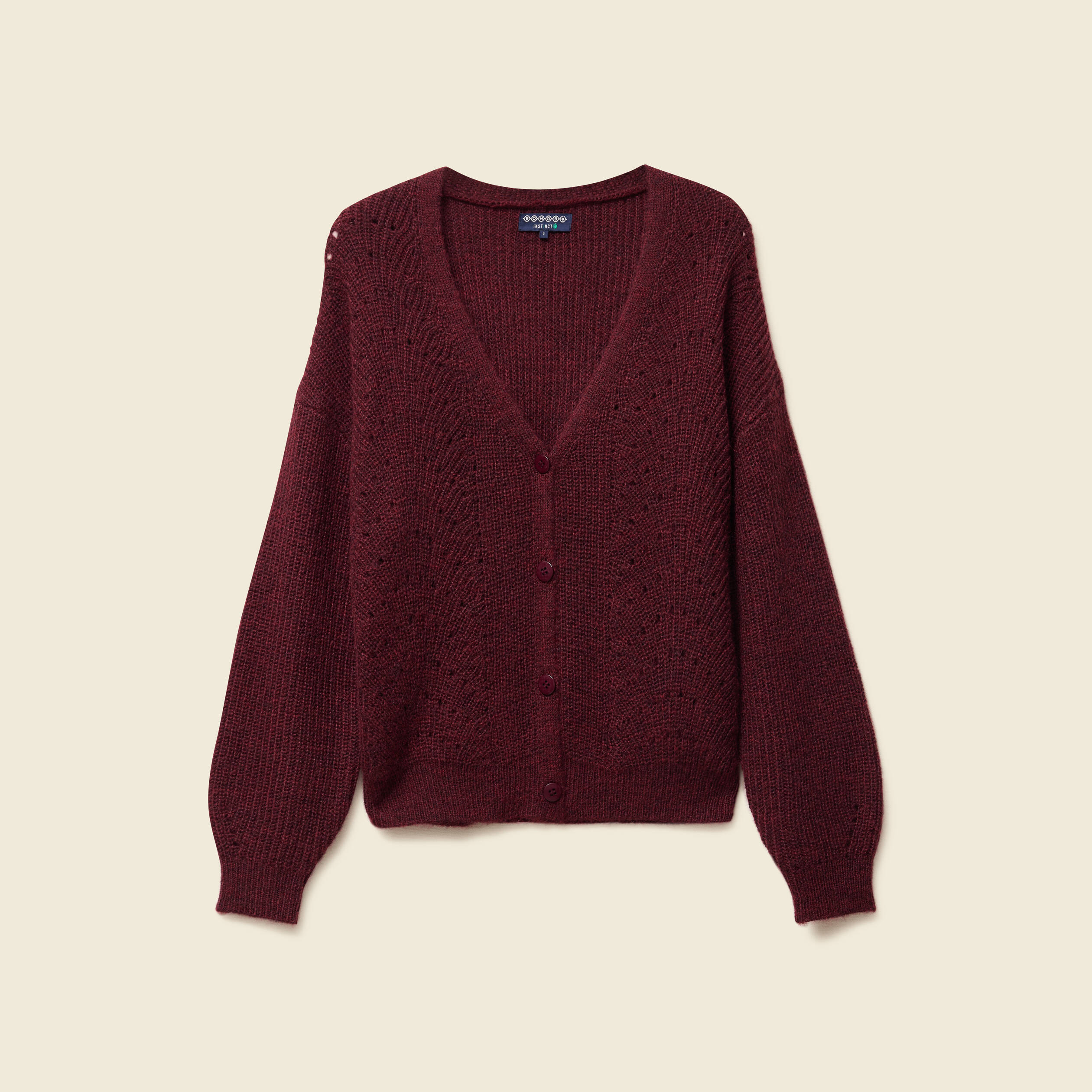 Gilet ajour&eacute; col V manches longues bordeaux femme