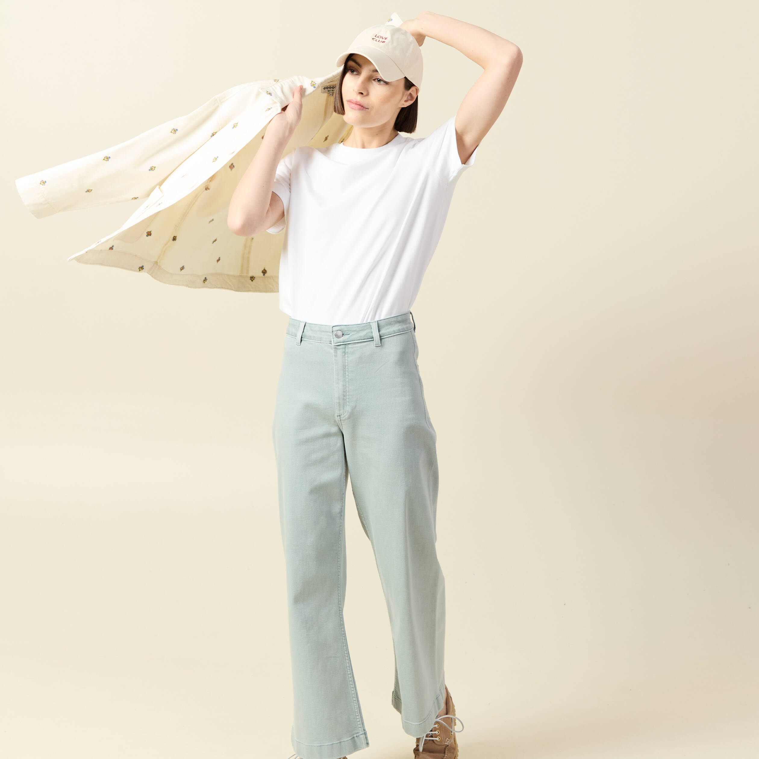 Jeans large cropped taille haute bleu gris femme