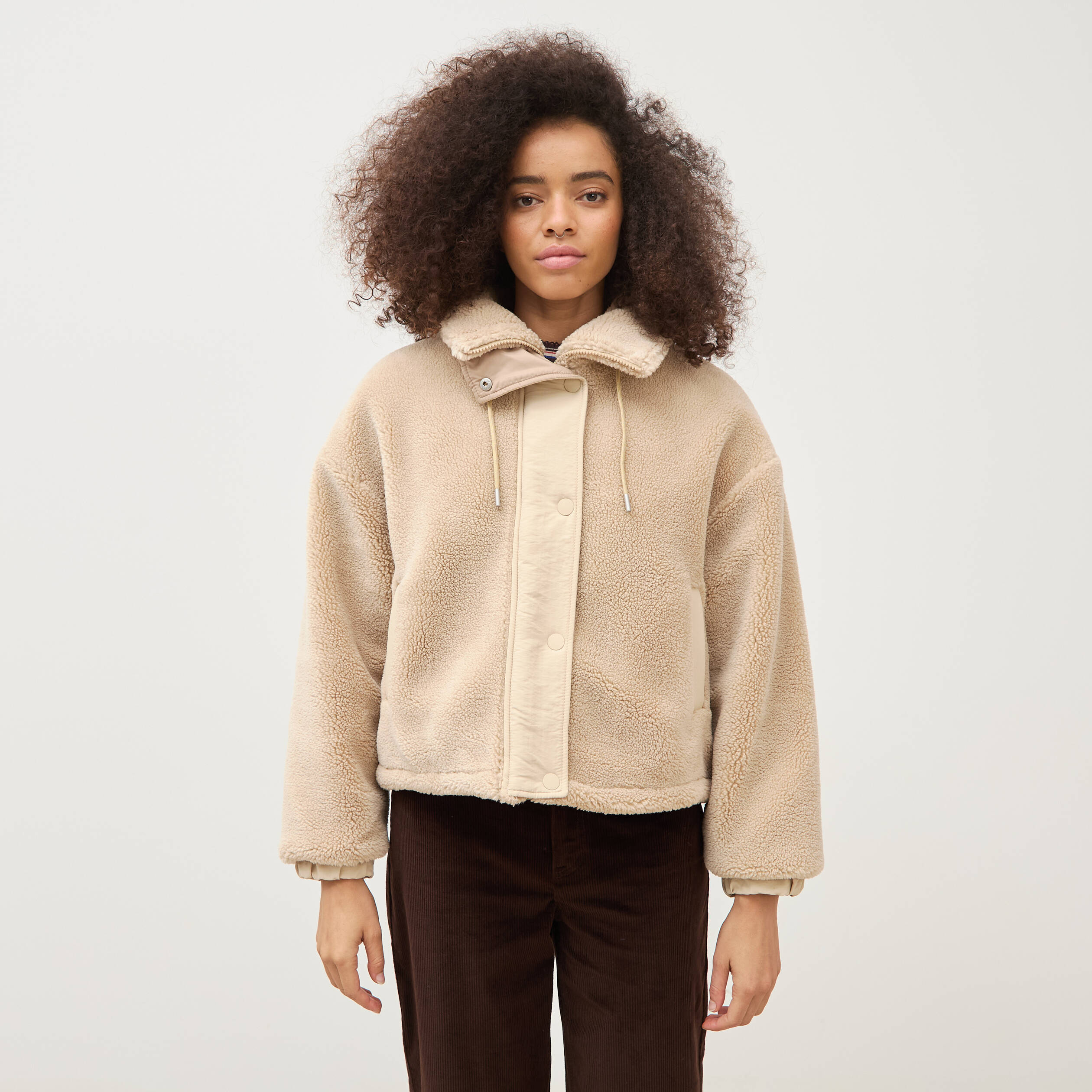 Veste oversize effet polaire col montant creme femme