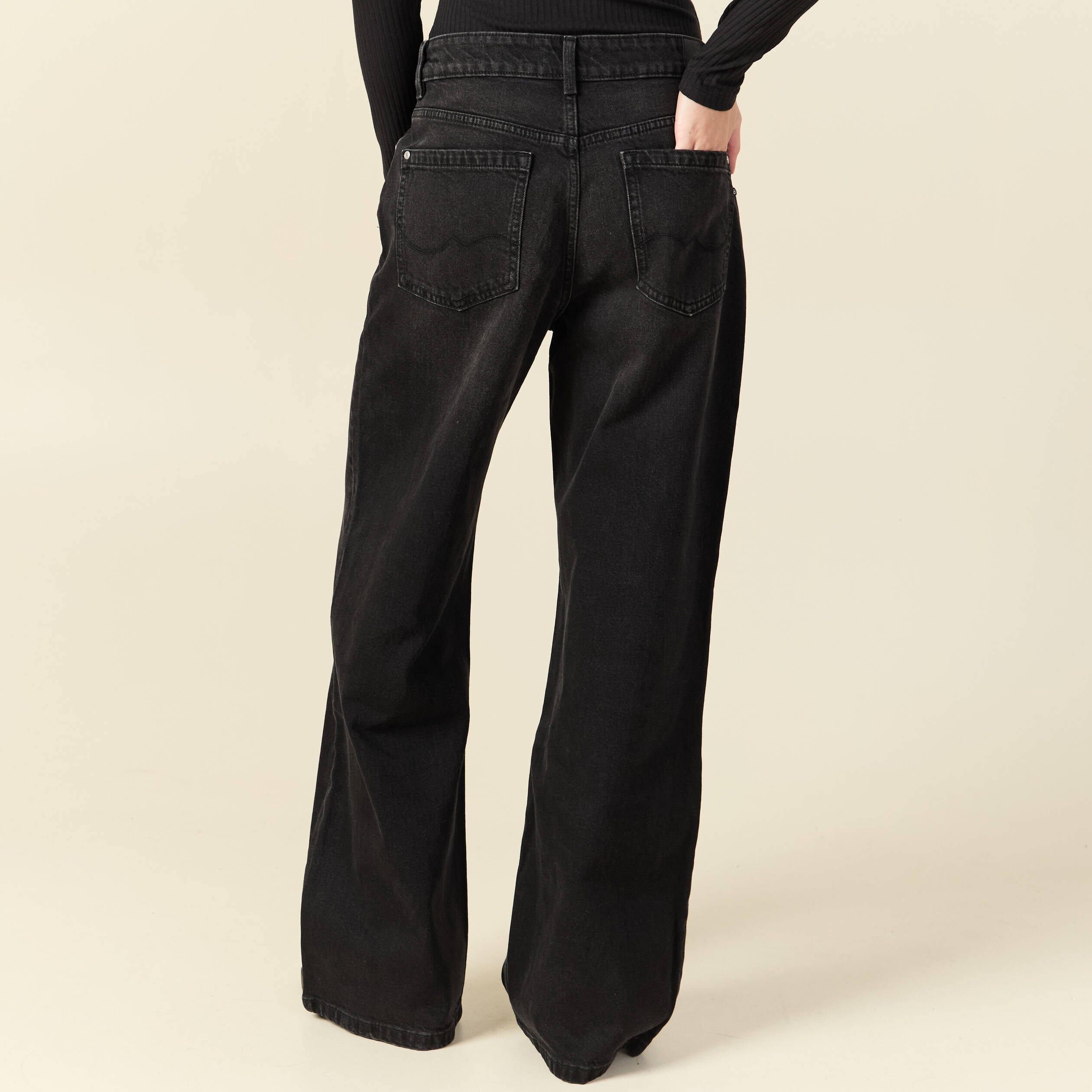 Jeans large taille haute denim noir femme