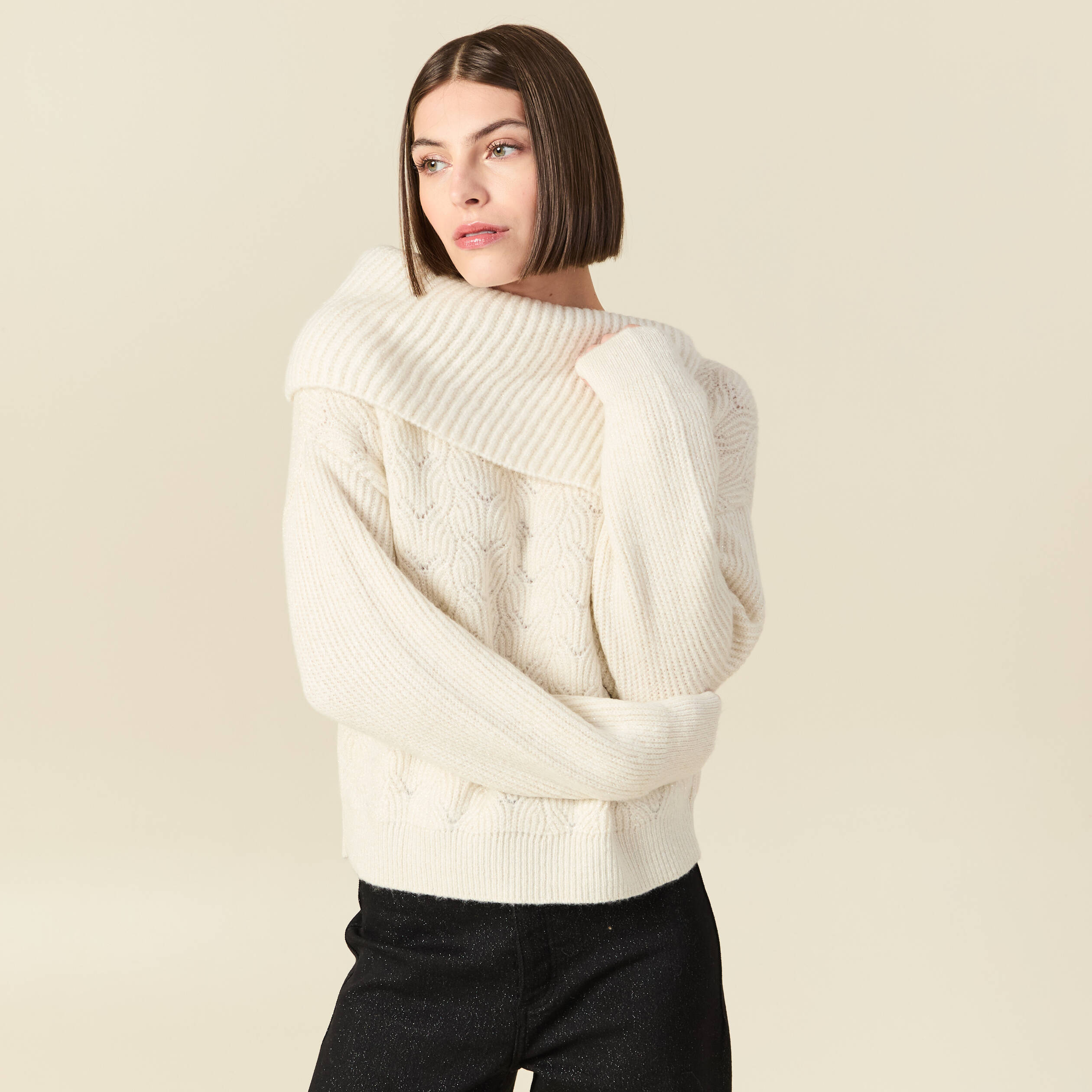Pull ajour&eacute; manches longues bardot ecru femme