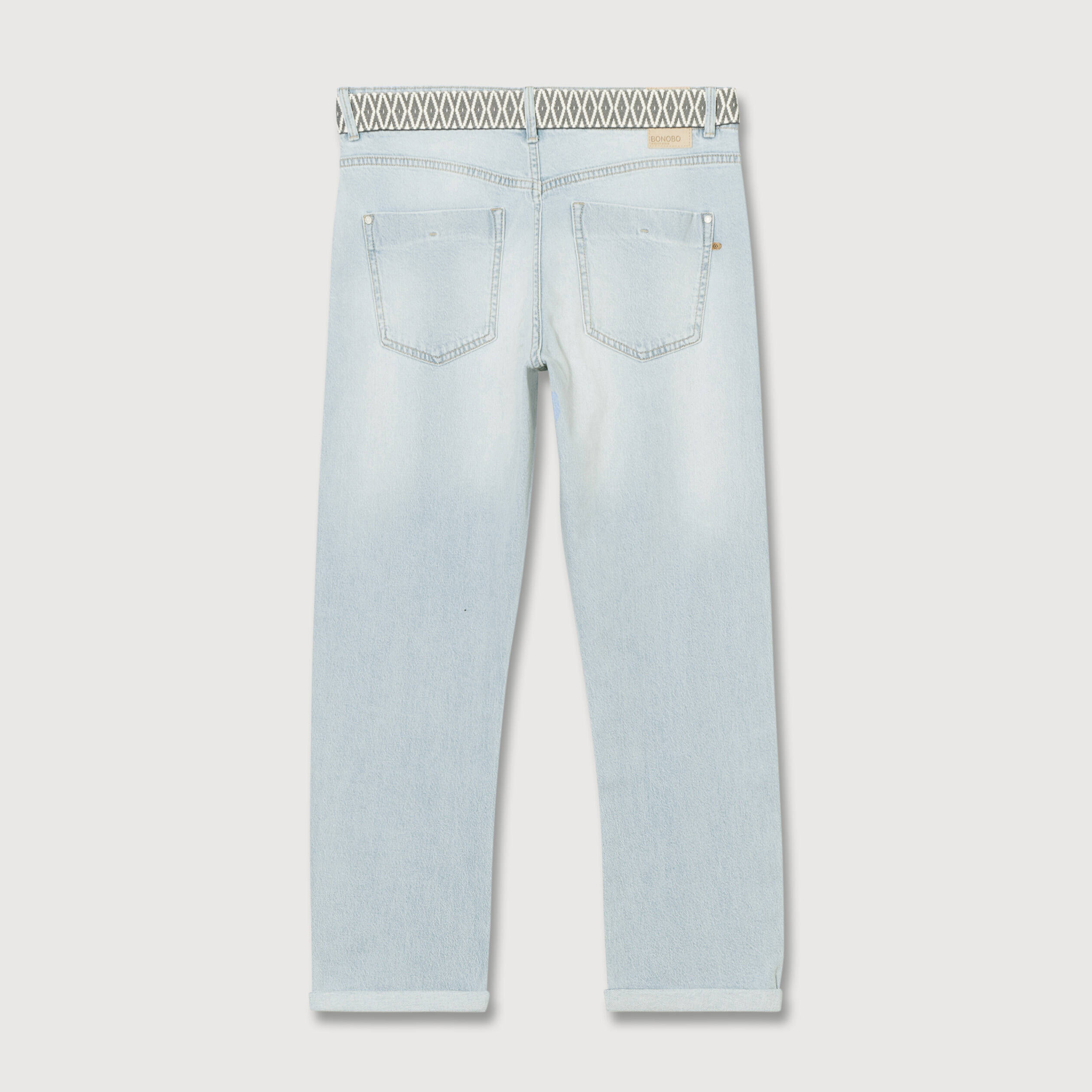 Jeans boyfriend ceintur&eacute; denim bleach femme