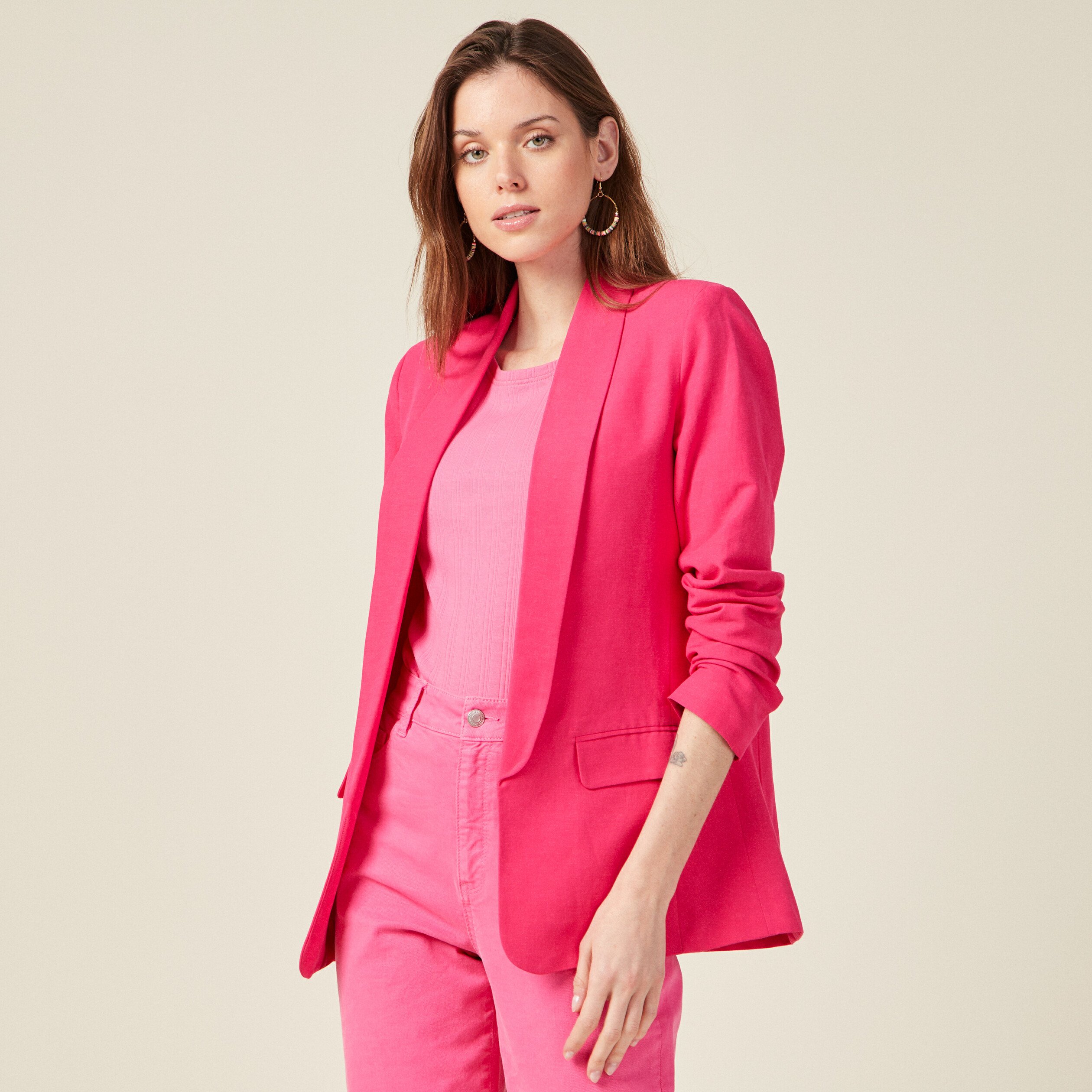 Veste esprit blazer col châle rose fushia femme