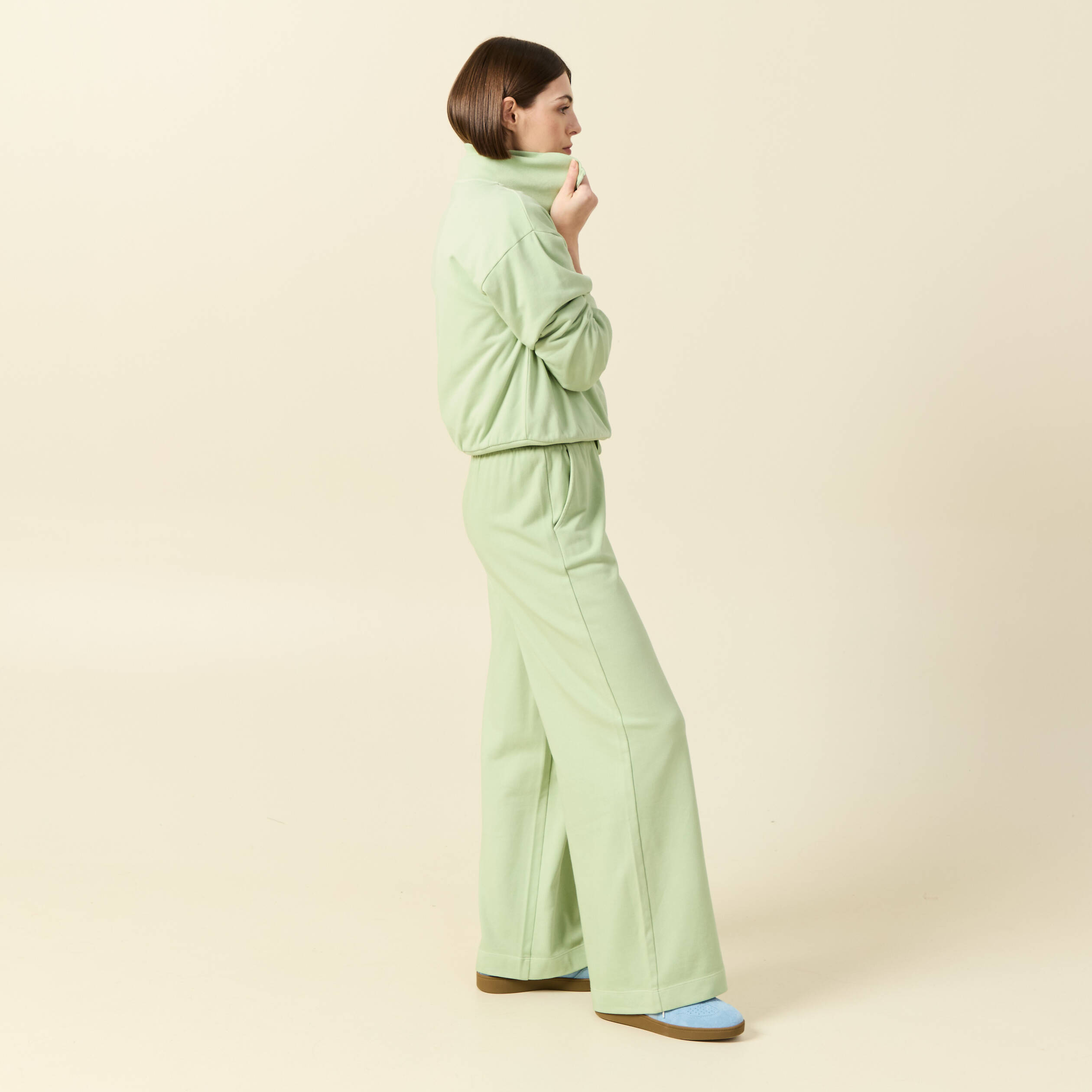 Pantalon large taille haute fluide vert clair femme
