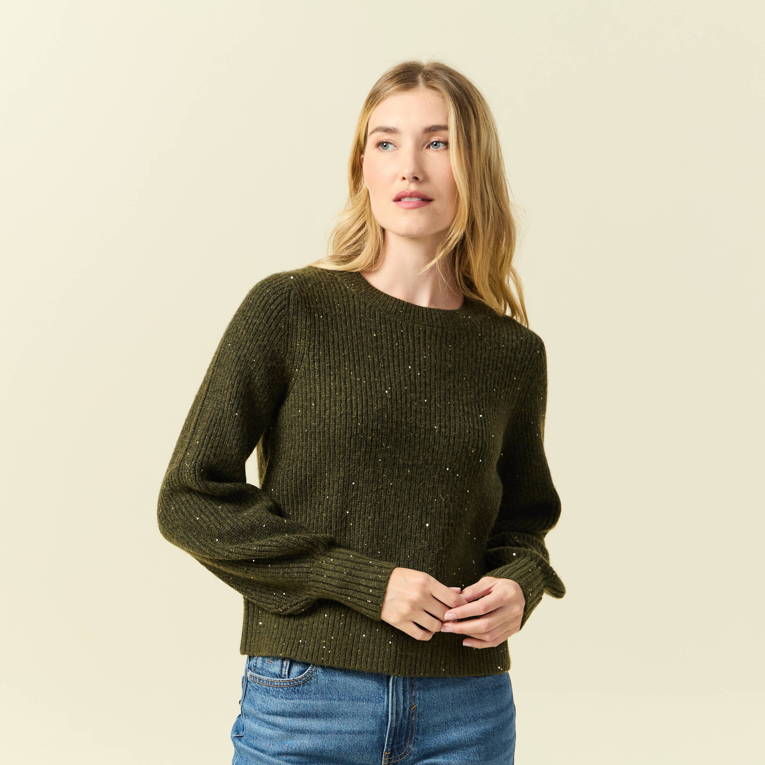 Pull manches longues col rond &agrave; sequins vert kaki femme