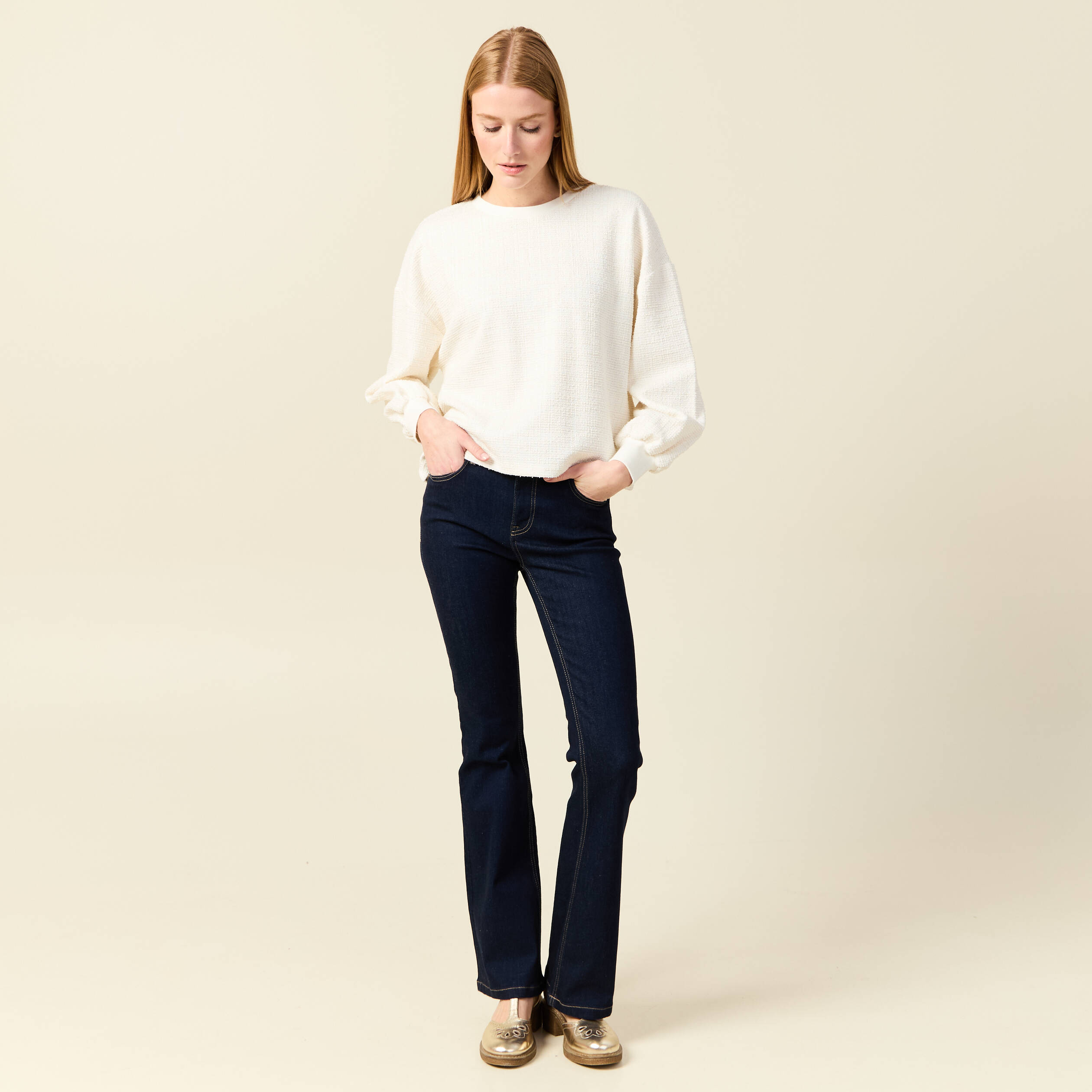 Sweat col rond manches longues ecru femme