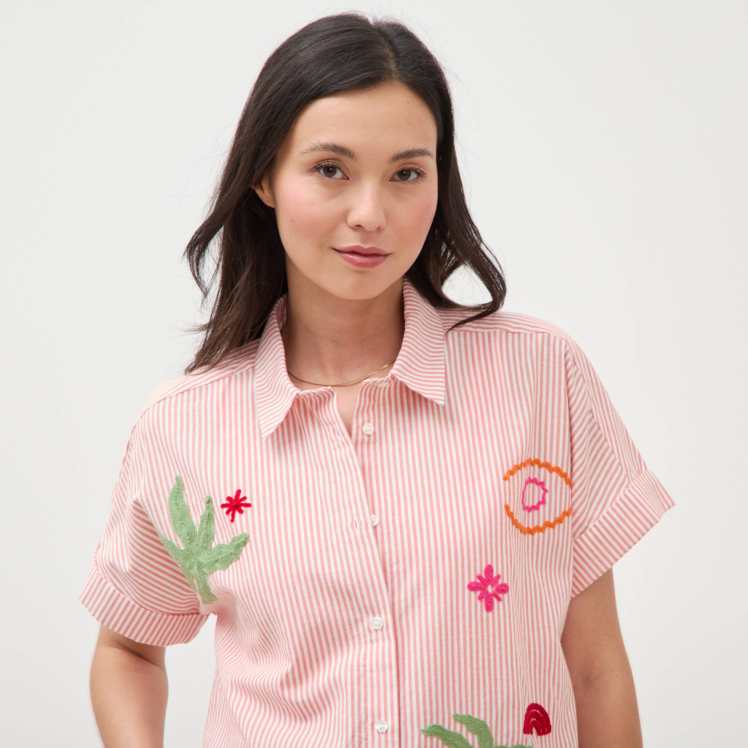 Chemise ample en coton &agrave; broderie orange abricot femme