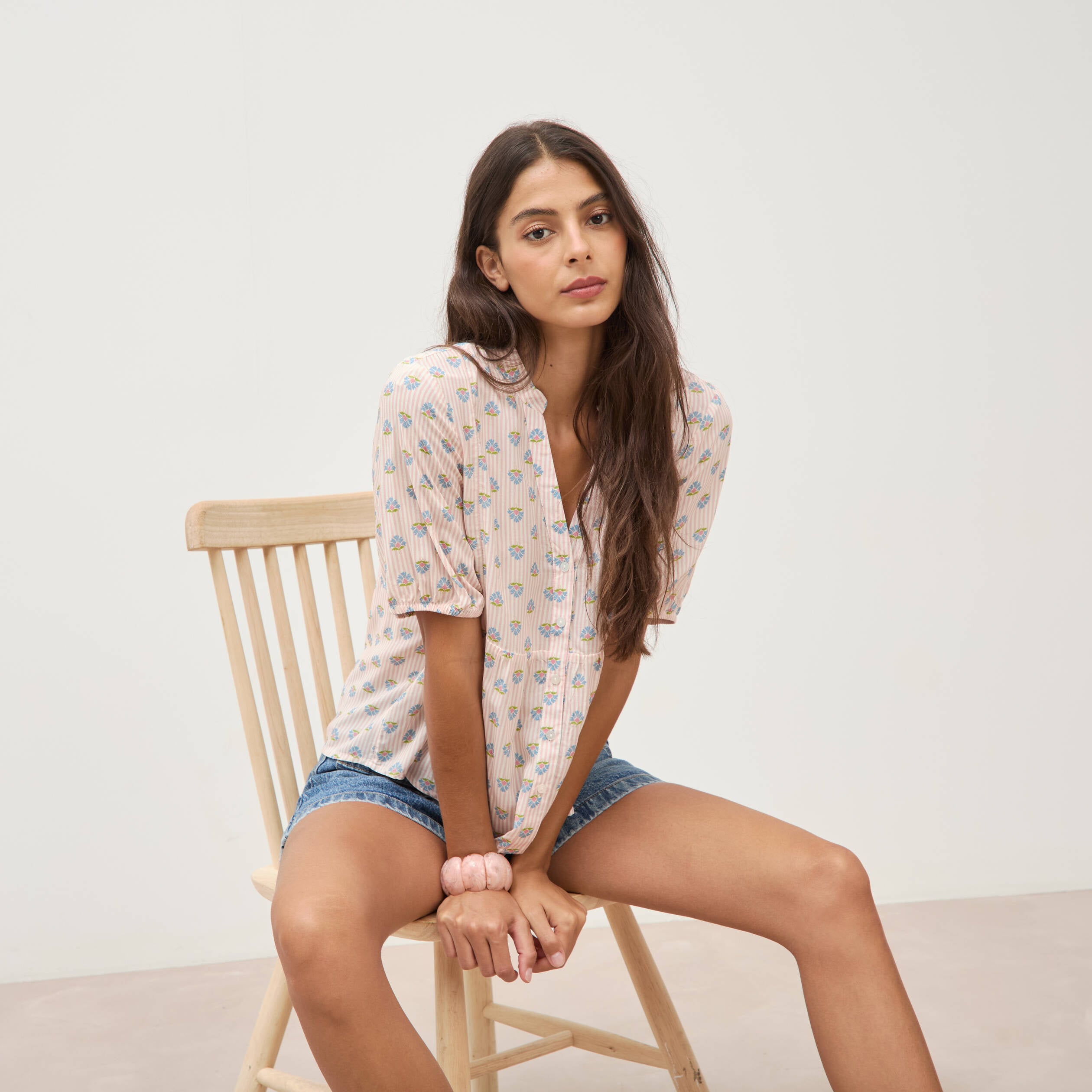 Chemise droite col v manches courtes rose femme