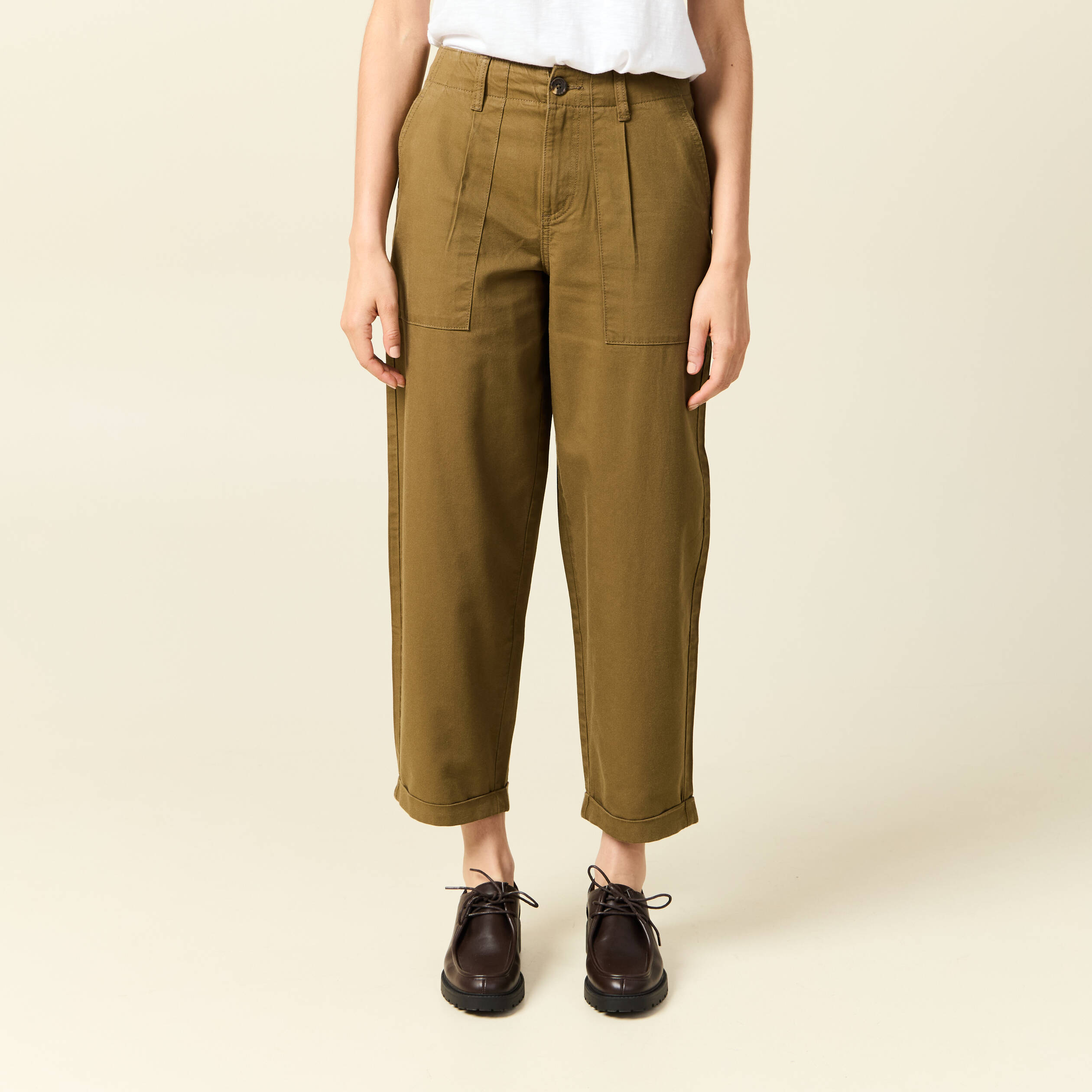 Jeans barrel taille haute 7/8&egrave;me vert kaki femme