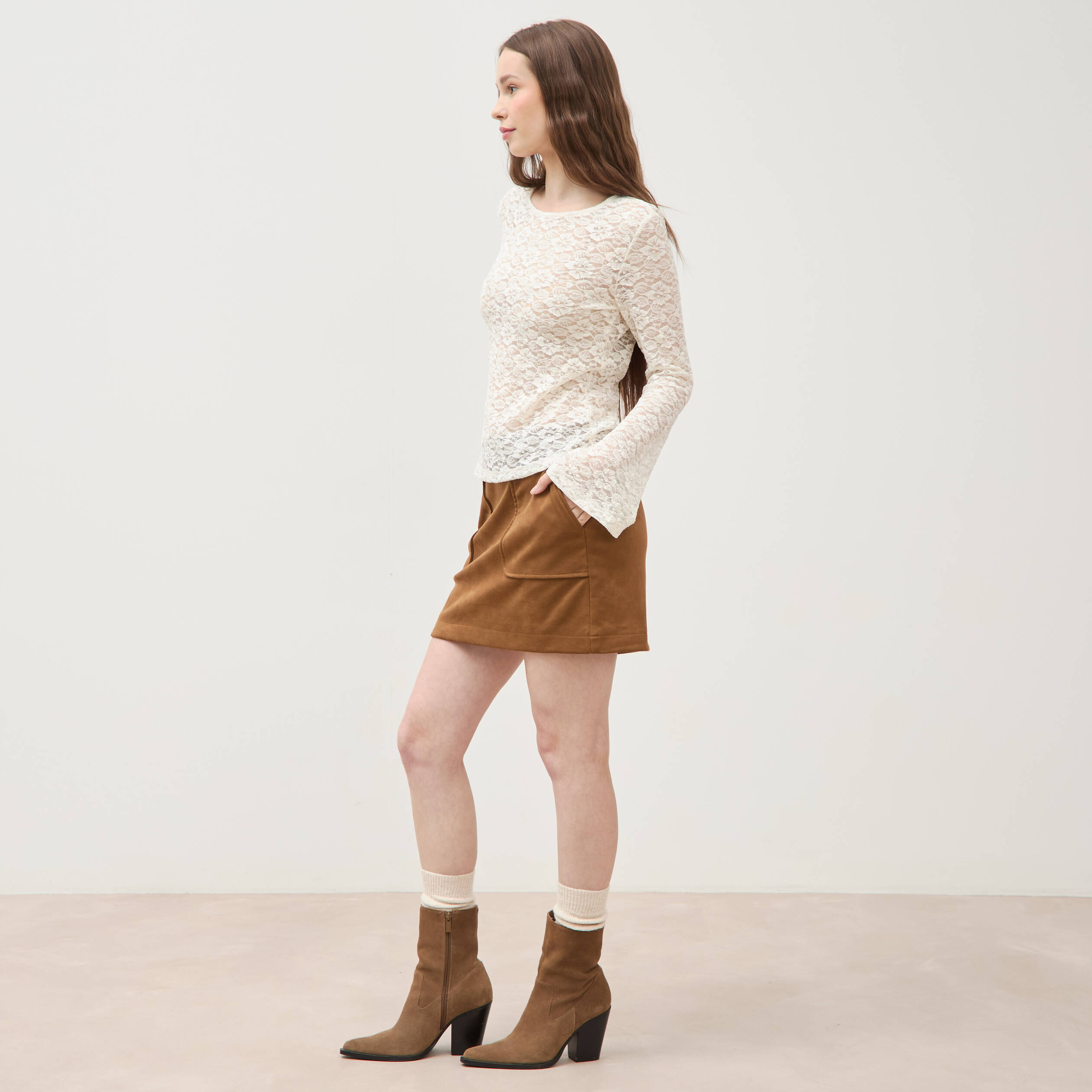 Blouse manches longues dentelle col rond ecru femme