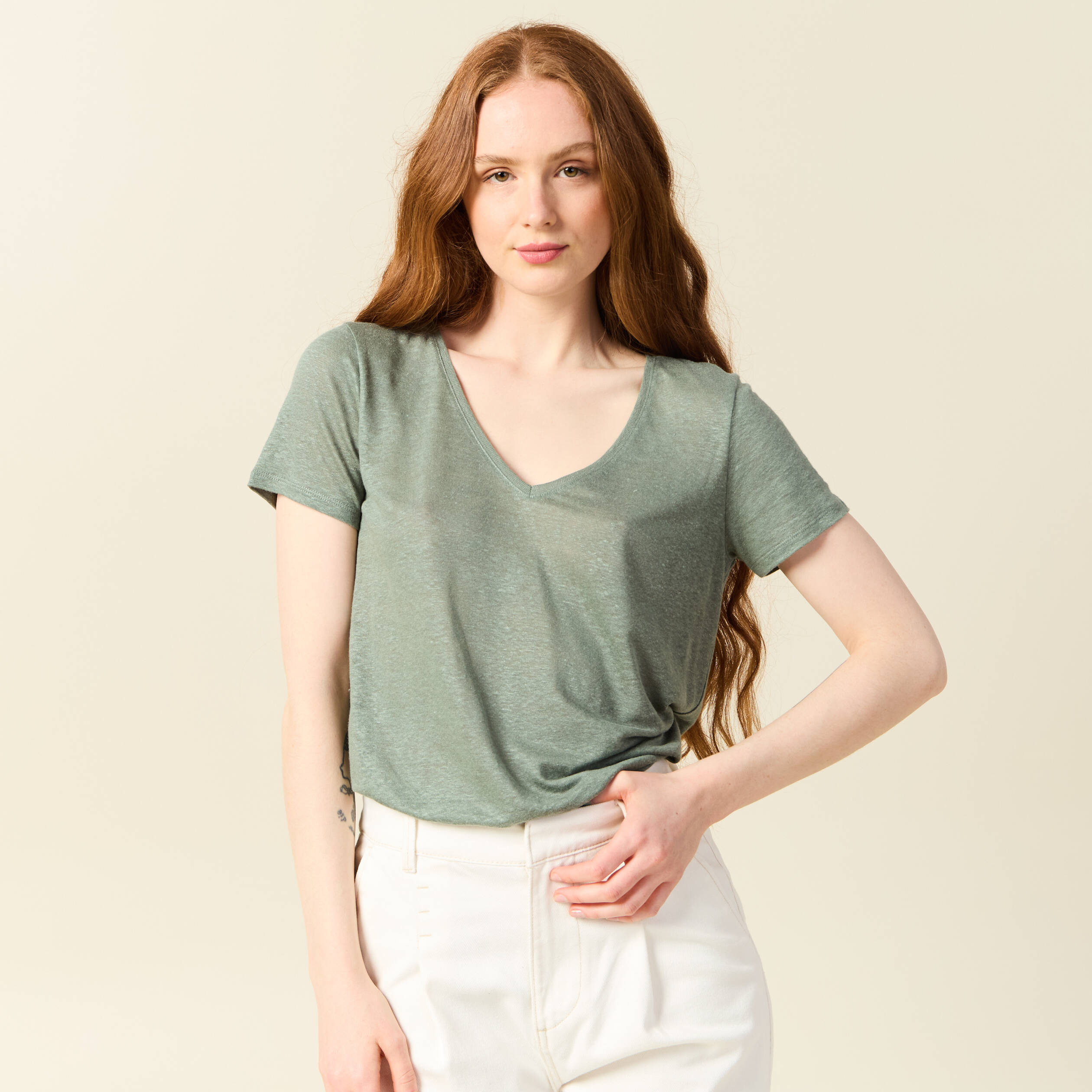 t shirt en lin vert kaki femme T-shirt en lin vert kaki femme