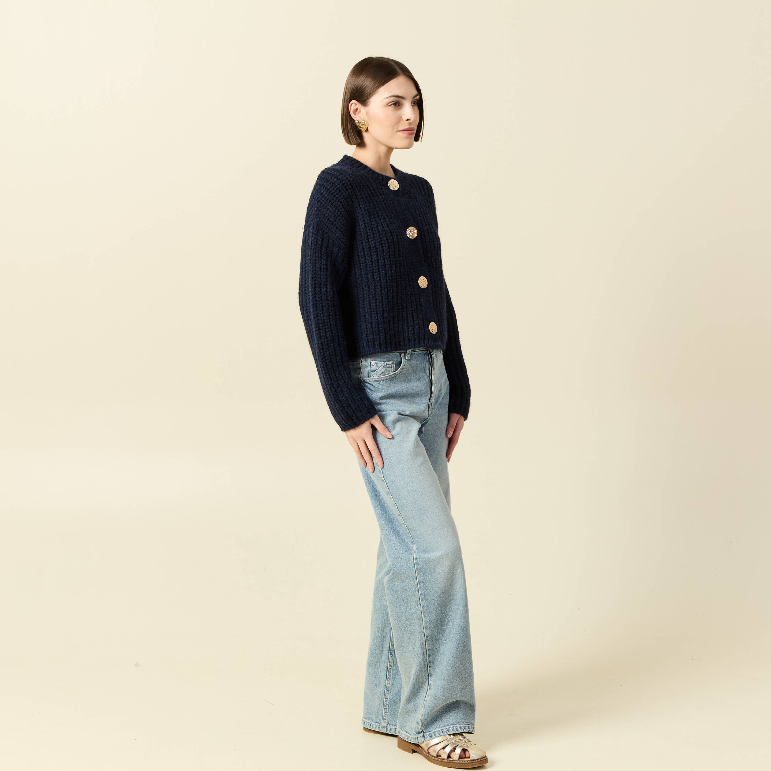 Gilet droit court manches longues bleu marine femme