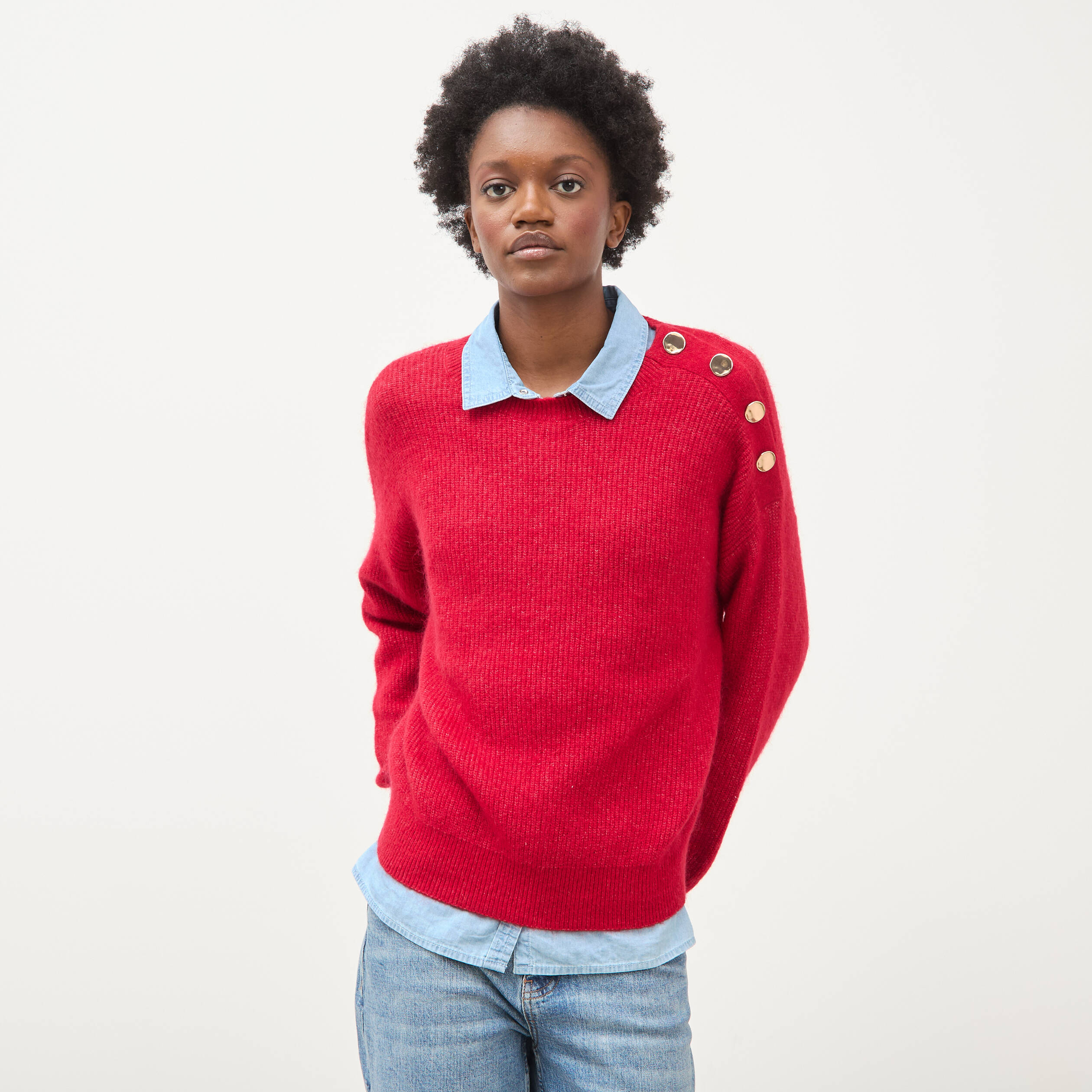 Pull droit col rond manches longues rouge femme