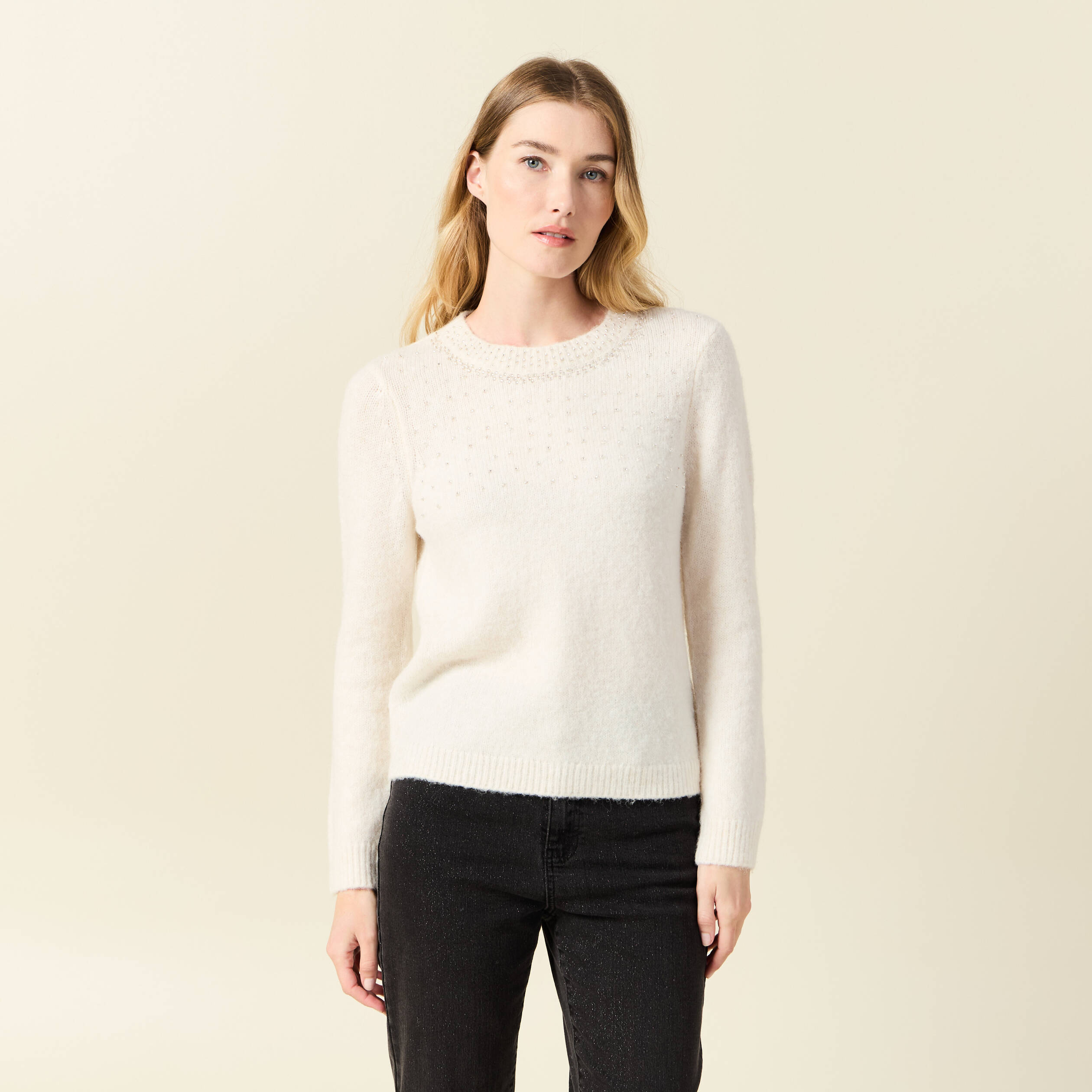 Pull manches longues perles ecru femme