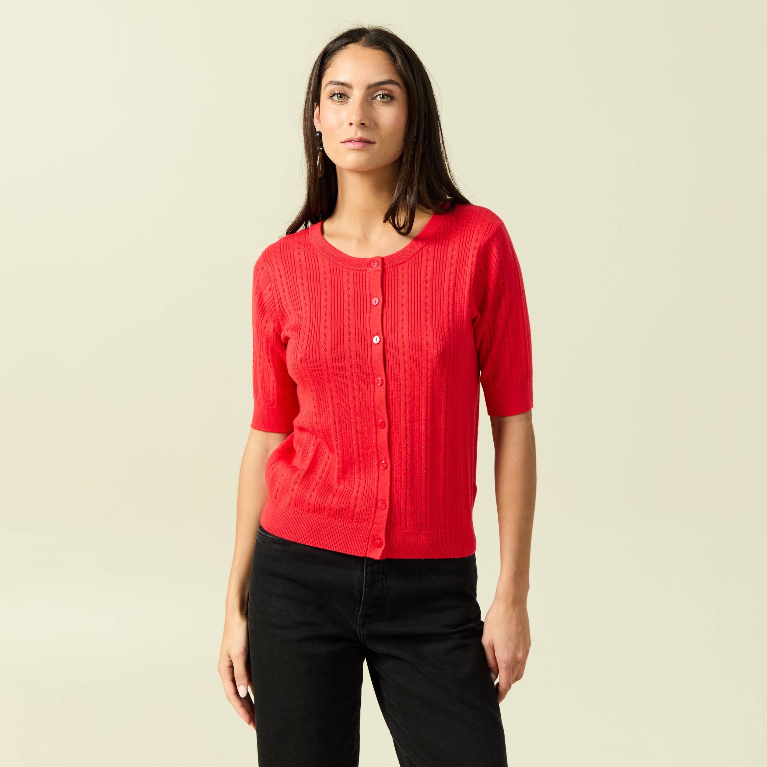 Gilet manches coude col rond rouge fonc&eacute; femme