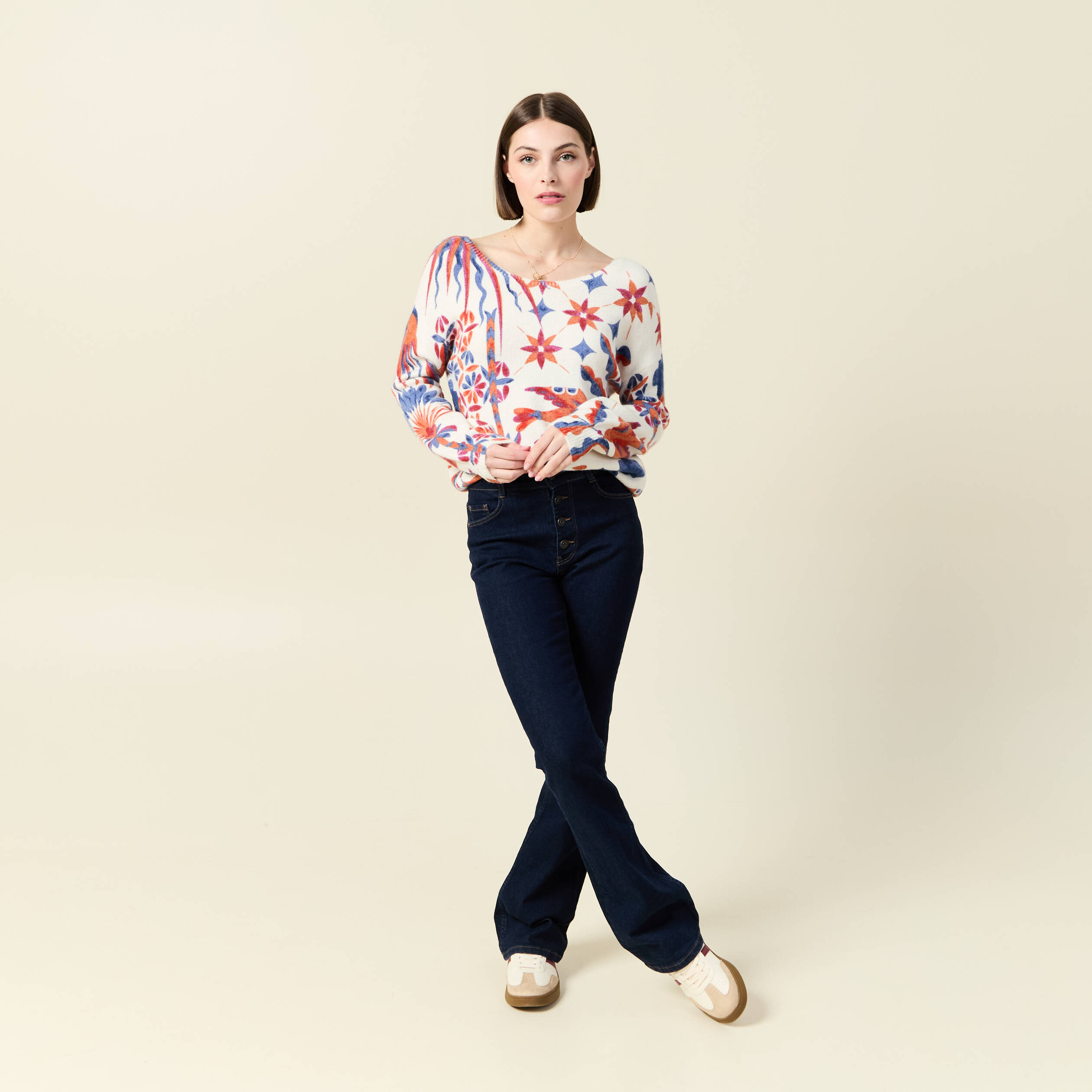 Pull col rond manches longues ecru femme