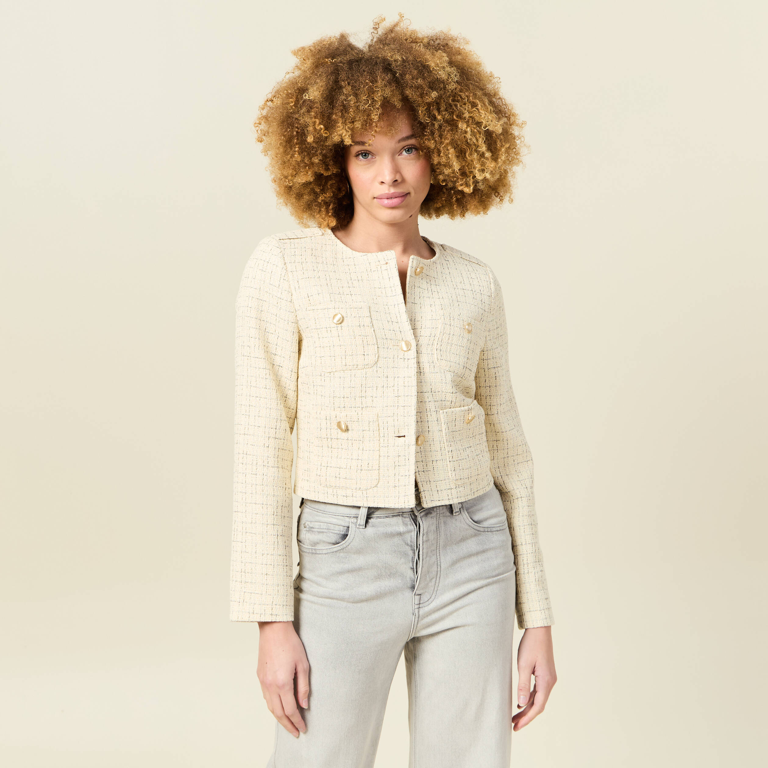 Veste tweed courte jaune pastel femme