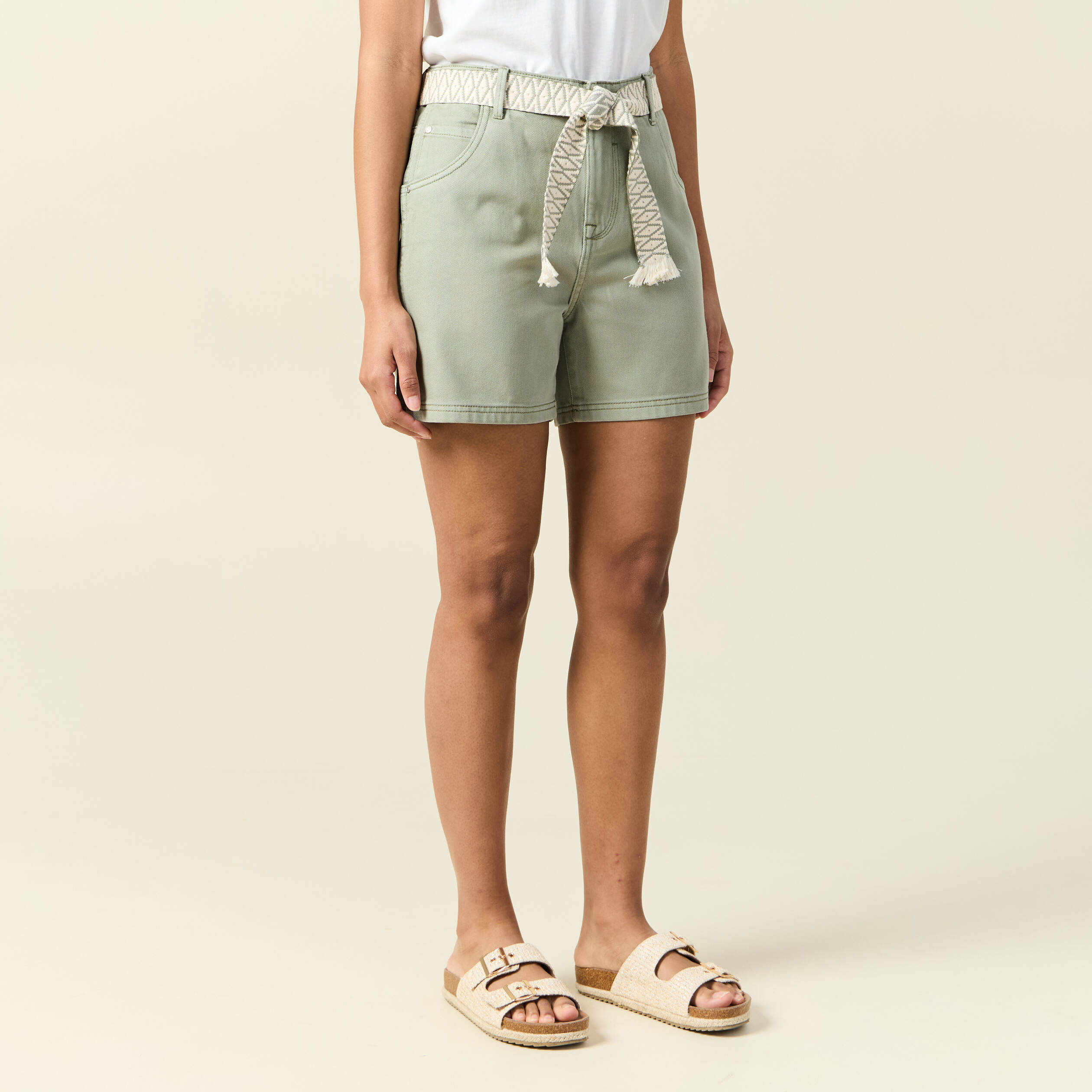 Short boyfriend ceintur&eacute; jean vert kaki femme
