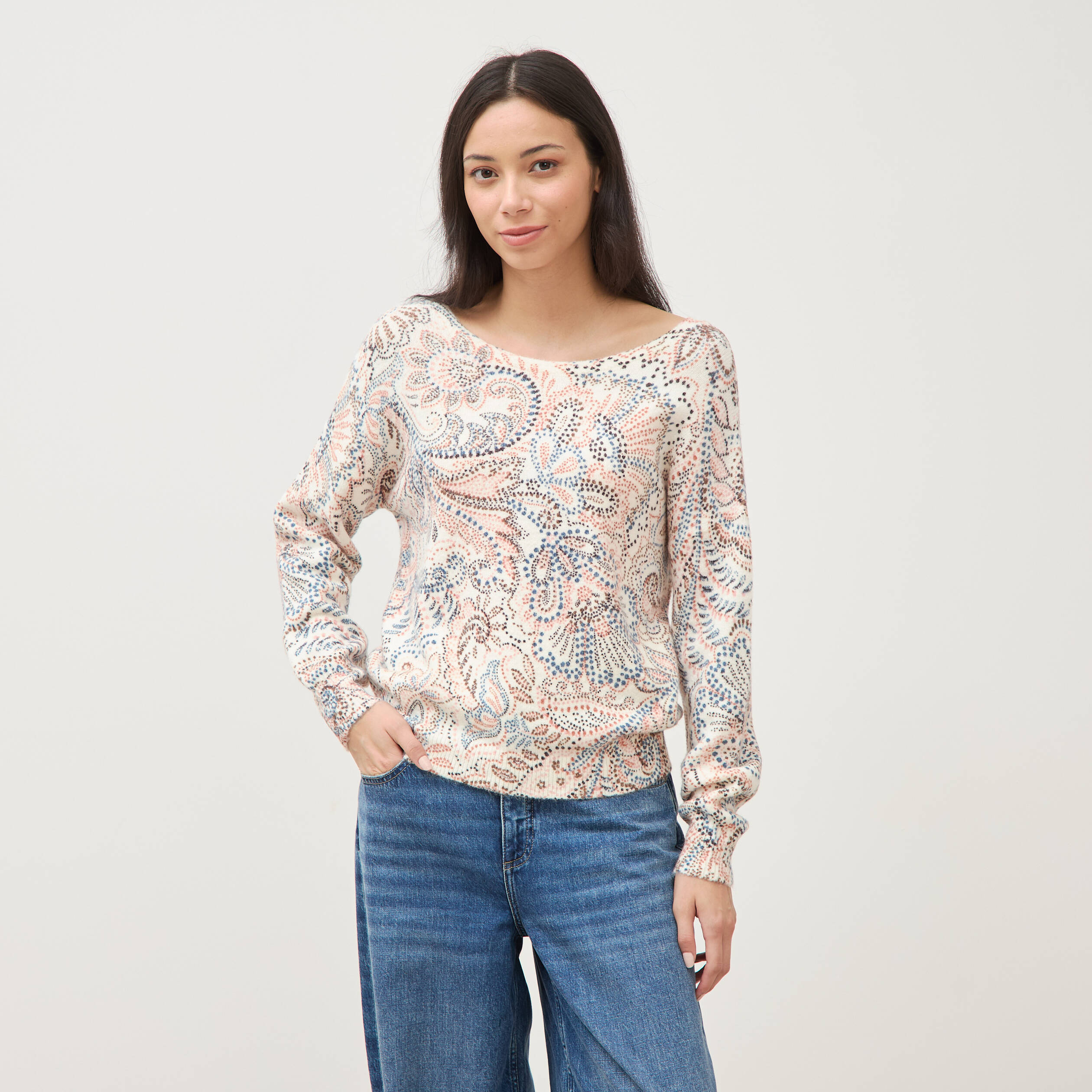Pull col bateau manches longues ecru femme