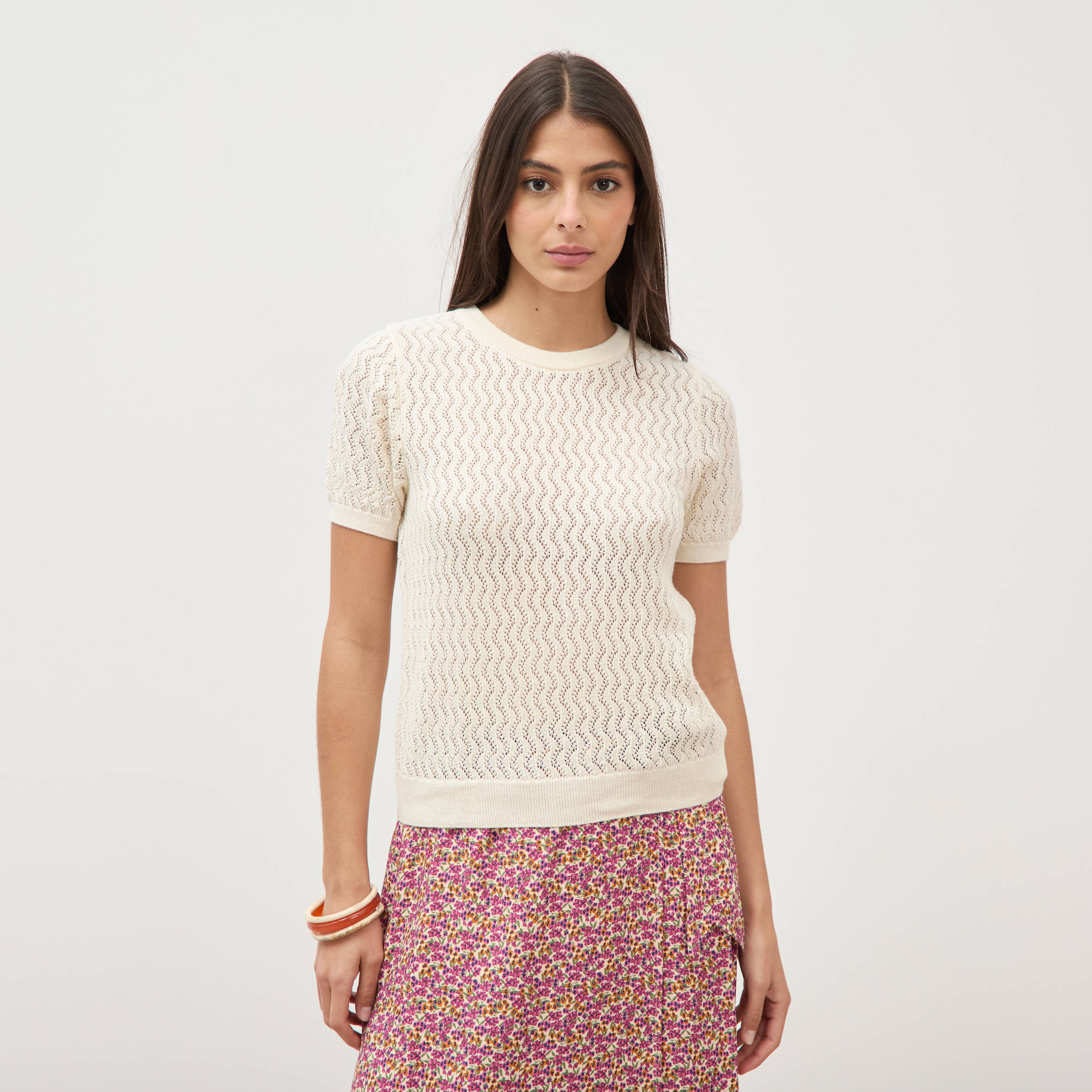 Pull col rond manches courtes creme femme