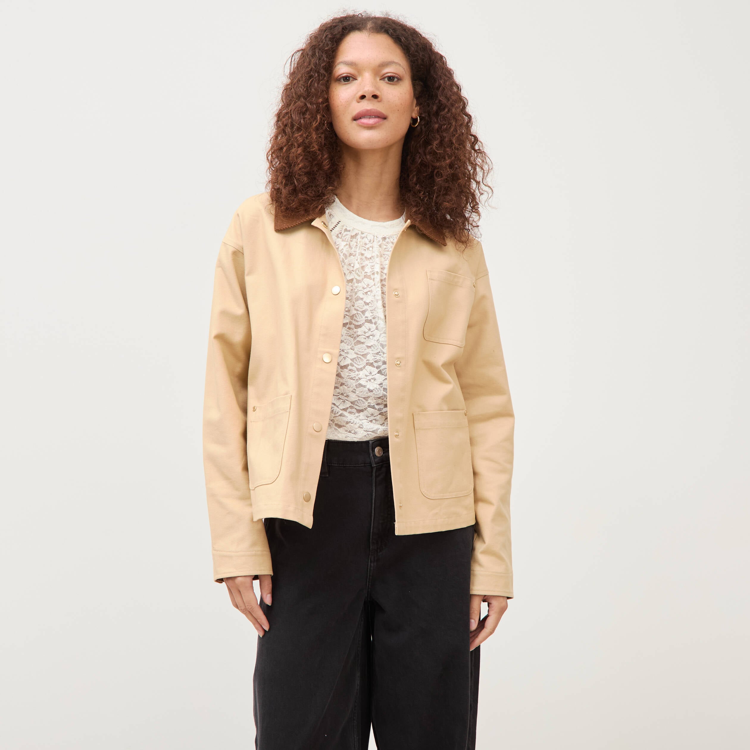 Veste manches longues col classique taupe femme