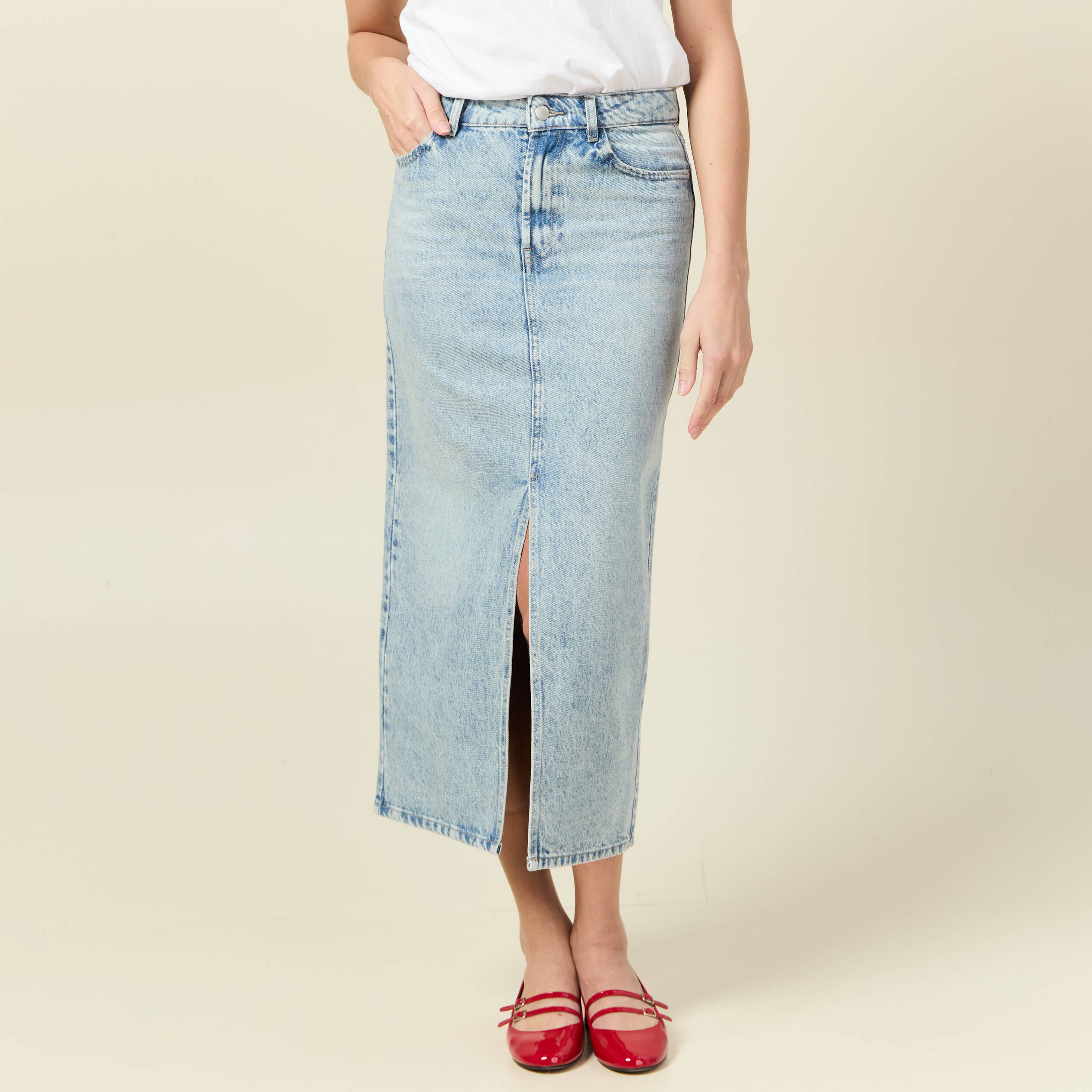 Jupe midi droite en jean denim bleach femme Vibs