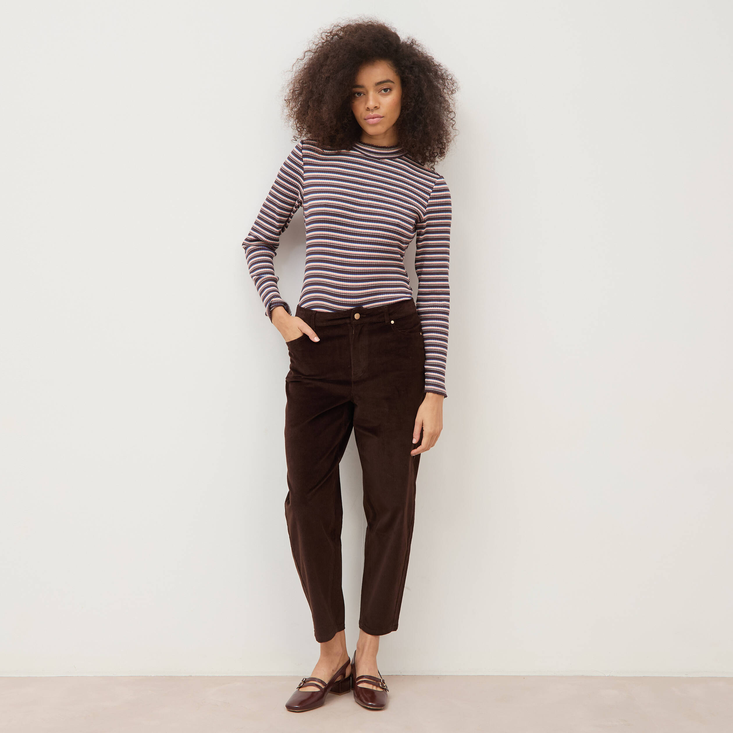 Pantalon barrel taille haute velours marron femme