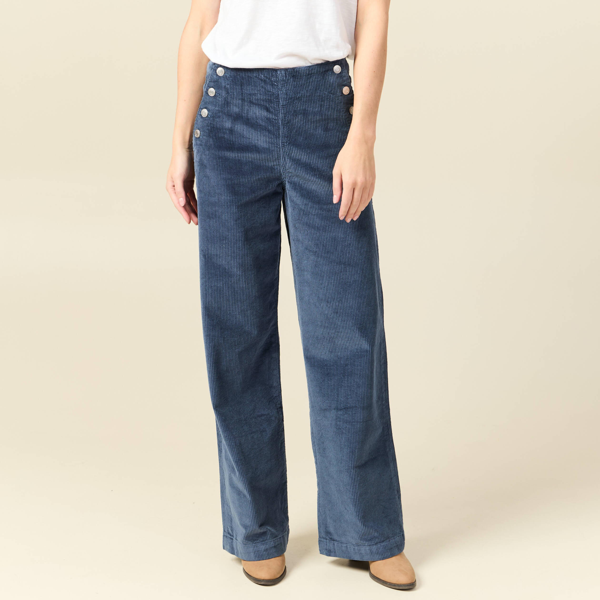 Pantalon large taille haute en velours gris femme