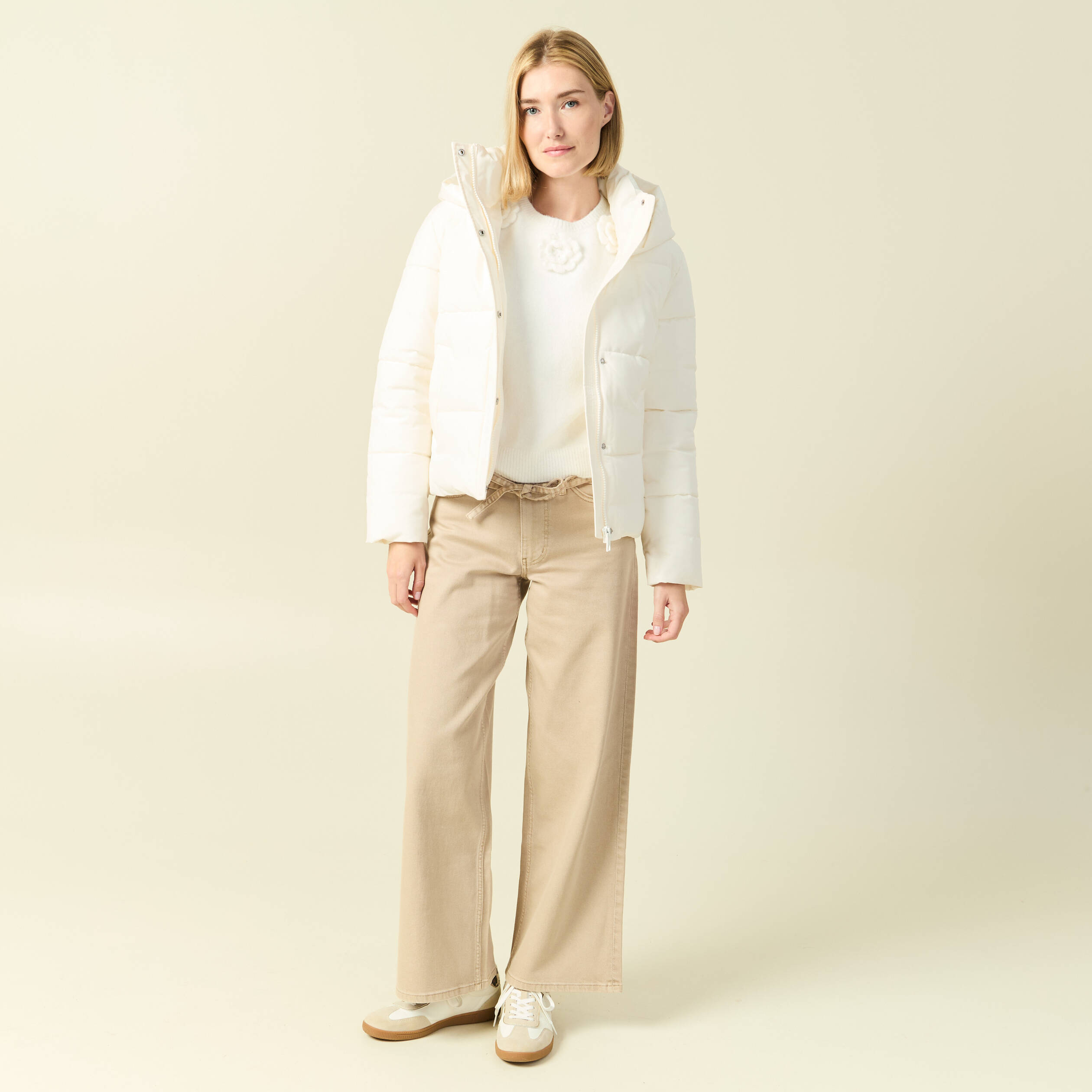 Pull manches longues col rond ecru femme