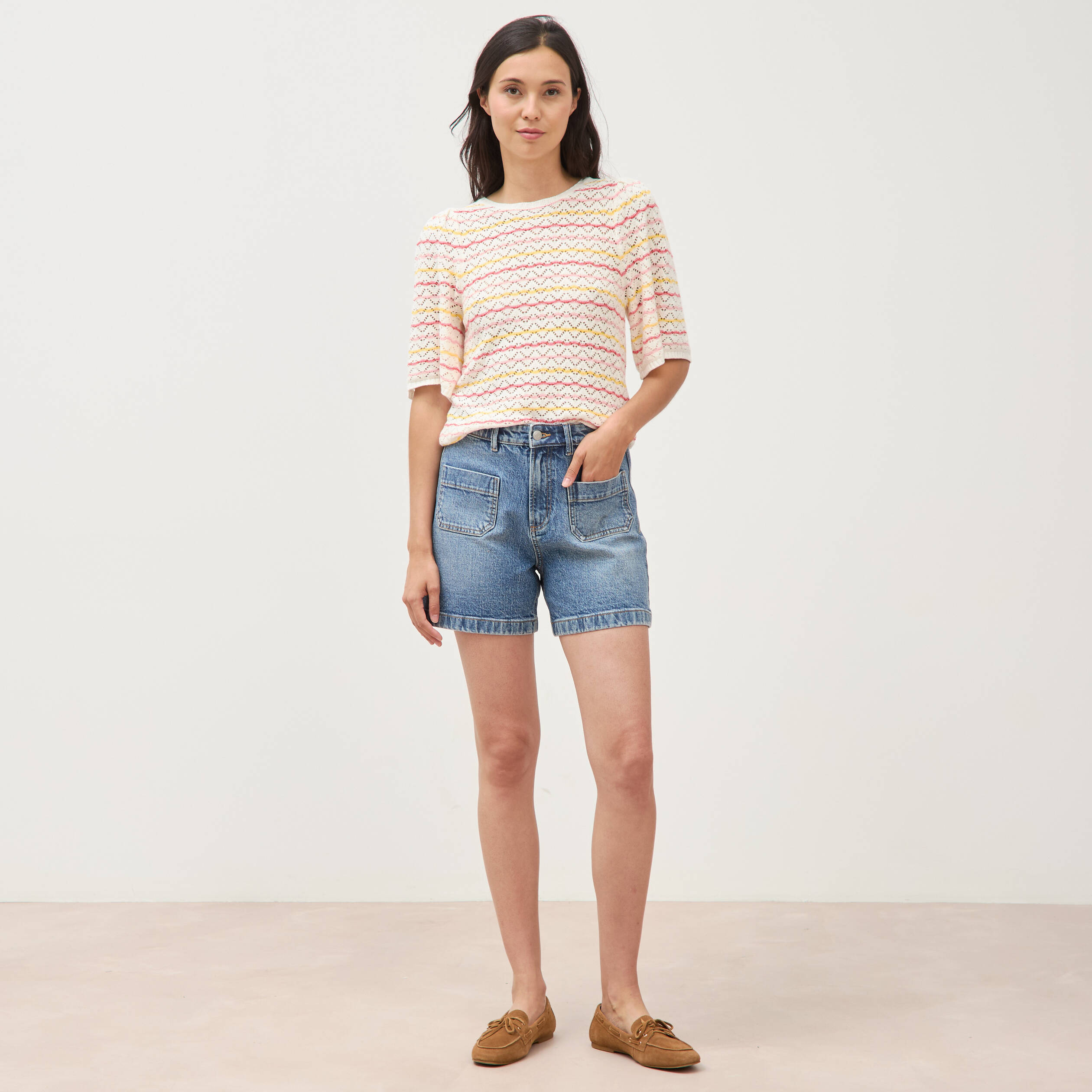 Pull col bateau manches courtes rose femme