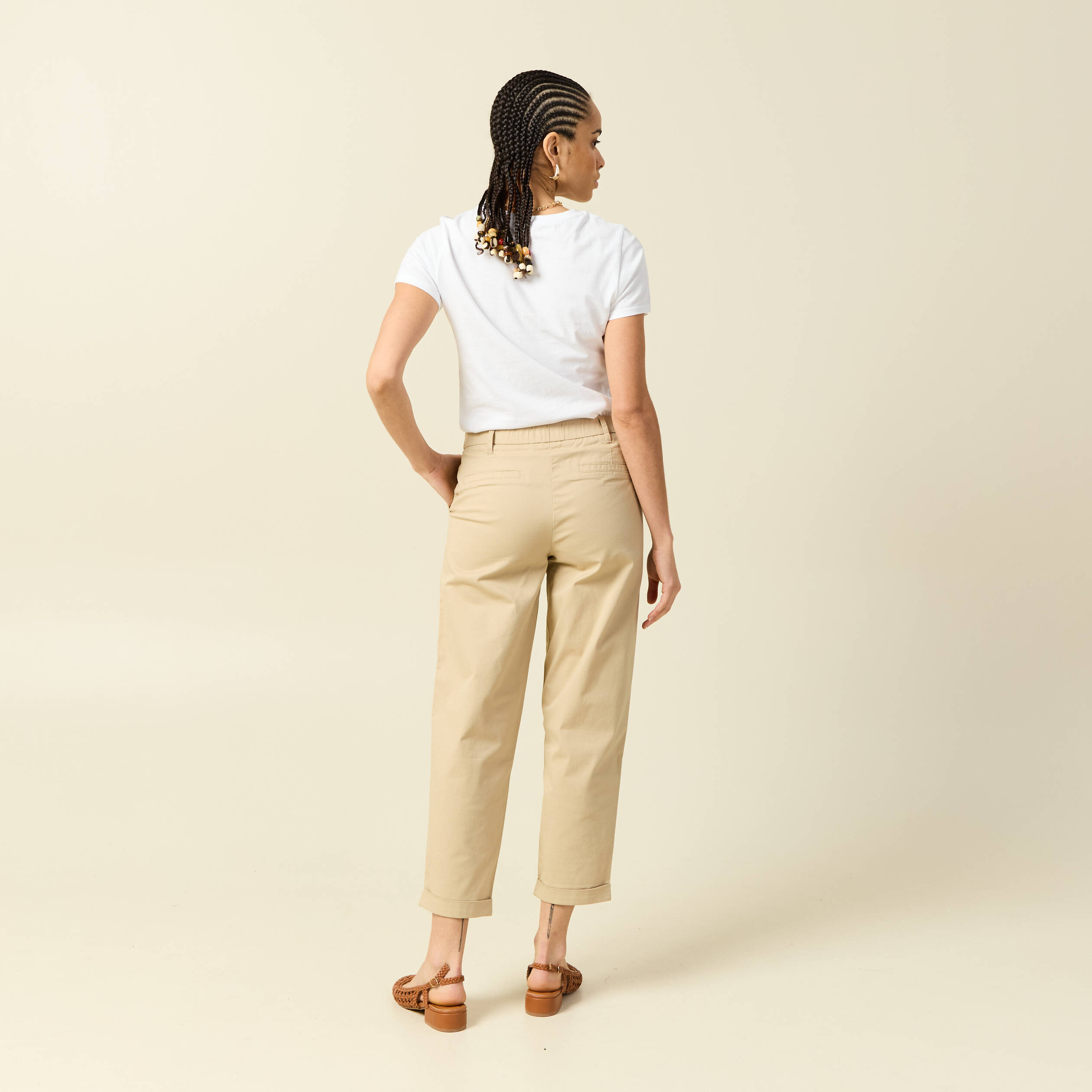 Pantalon taille haute fluide marron clair femme
