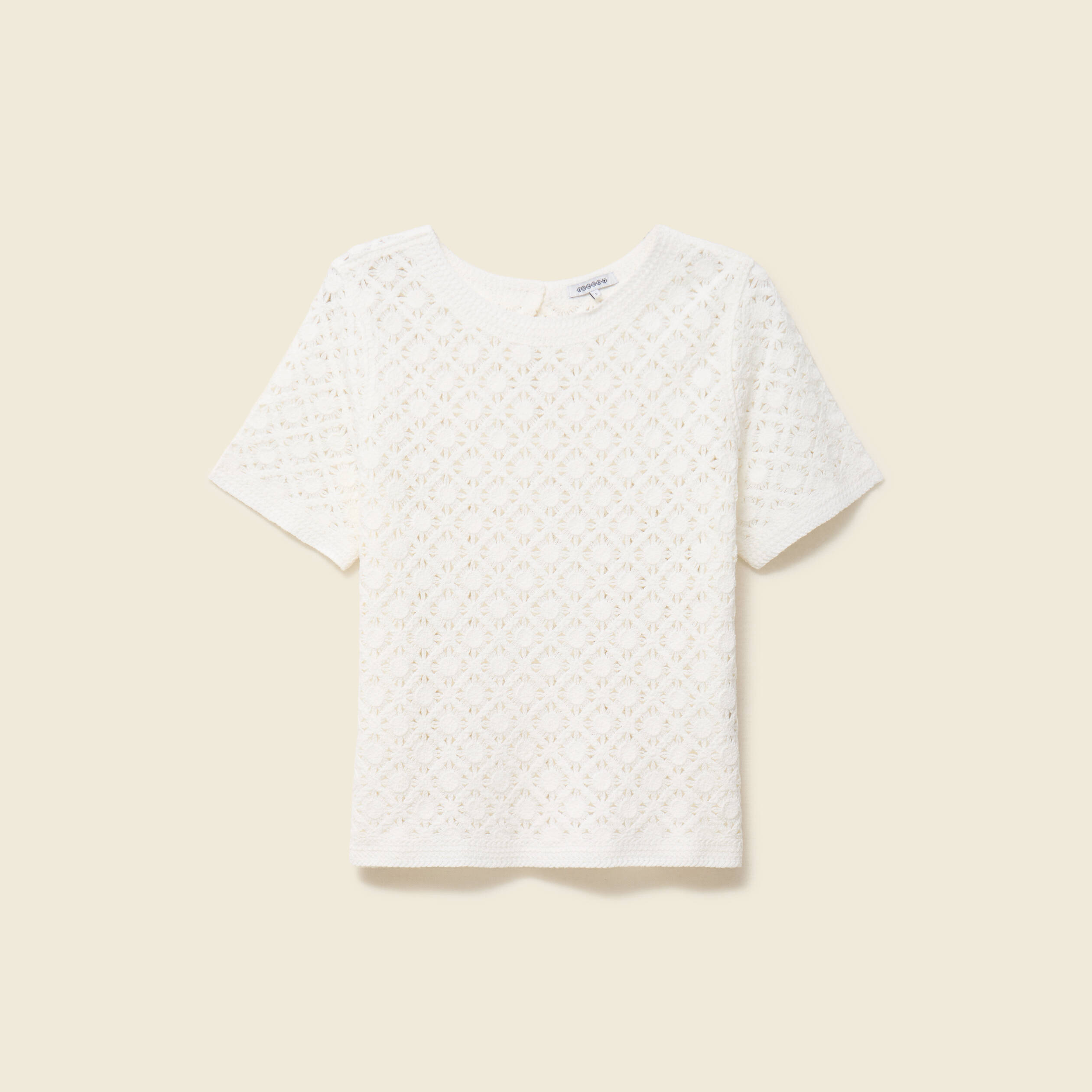 T-shirt ajour&eacute; col rond manches courtes ecru femme