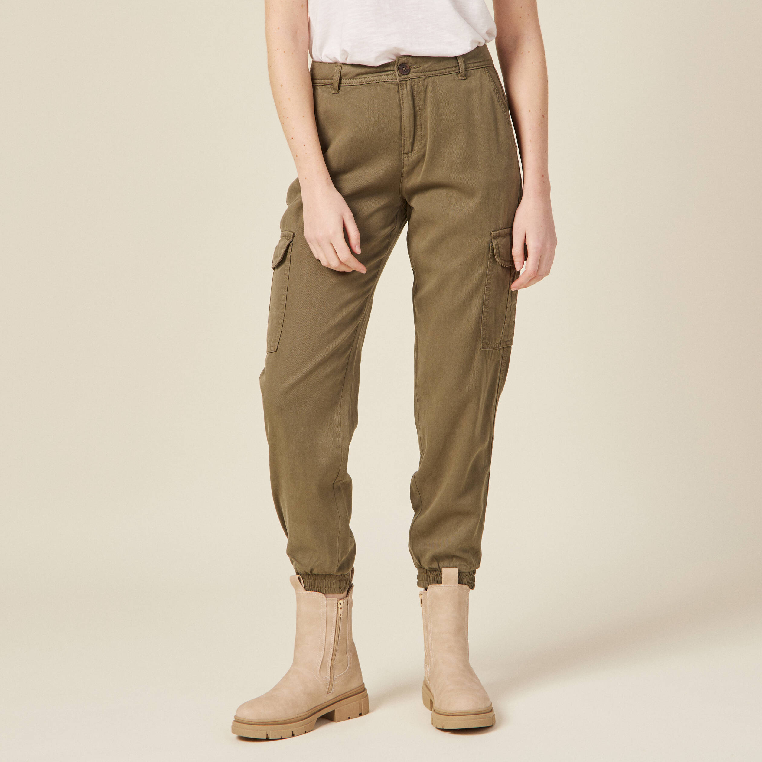 Pantalon battle 7/8&egrave;me taille standard vert kaki femme