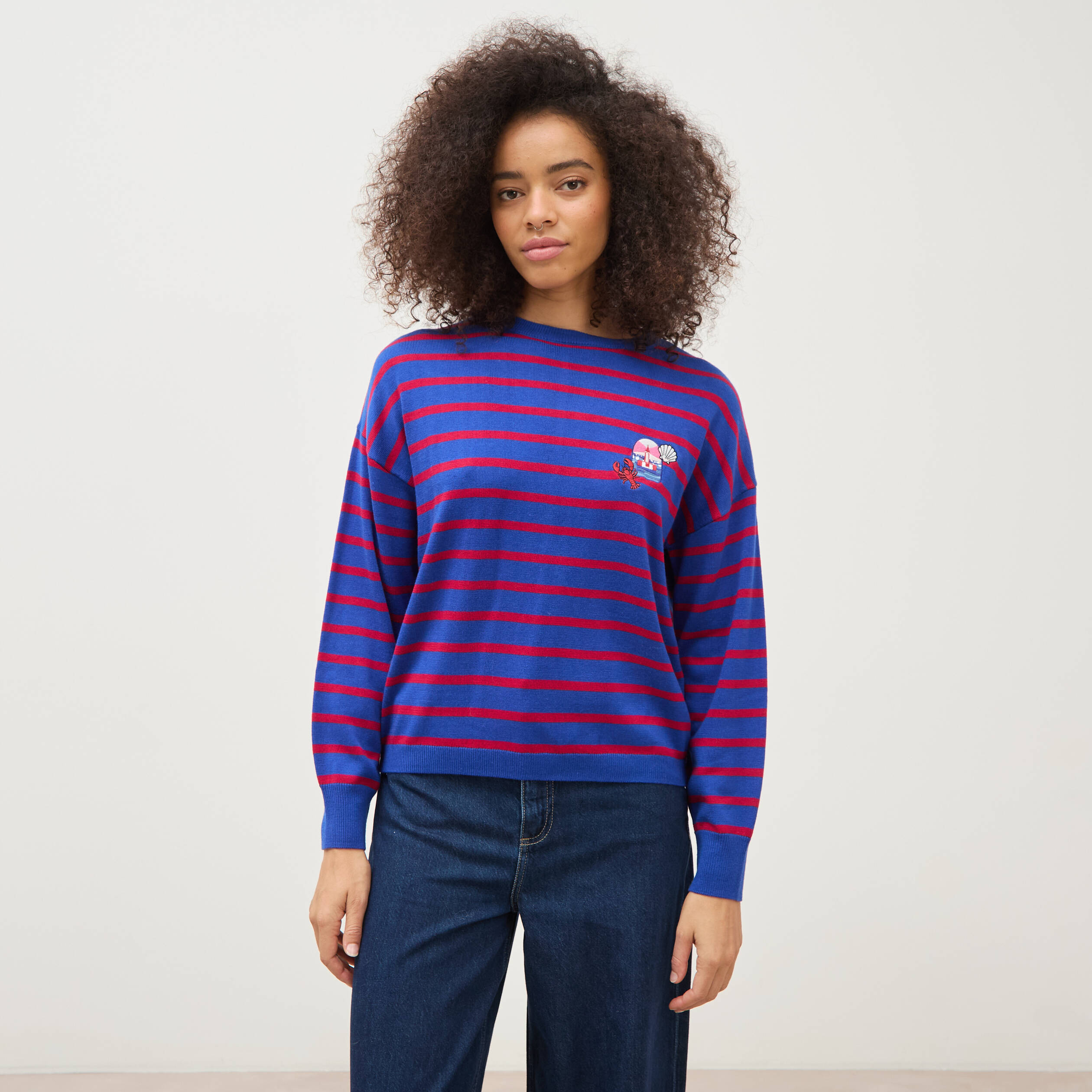 Pull manches longues col rond bleu roi femme