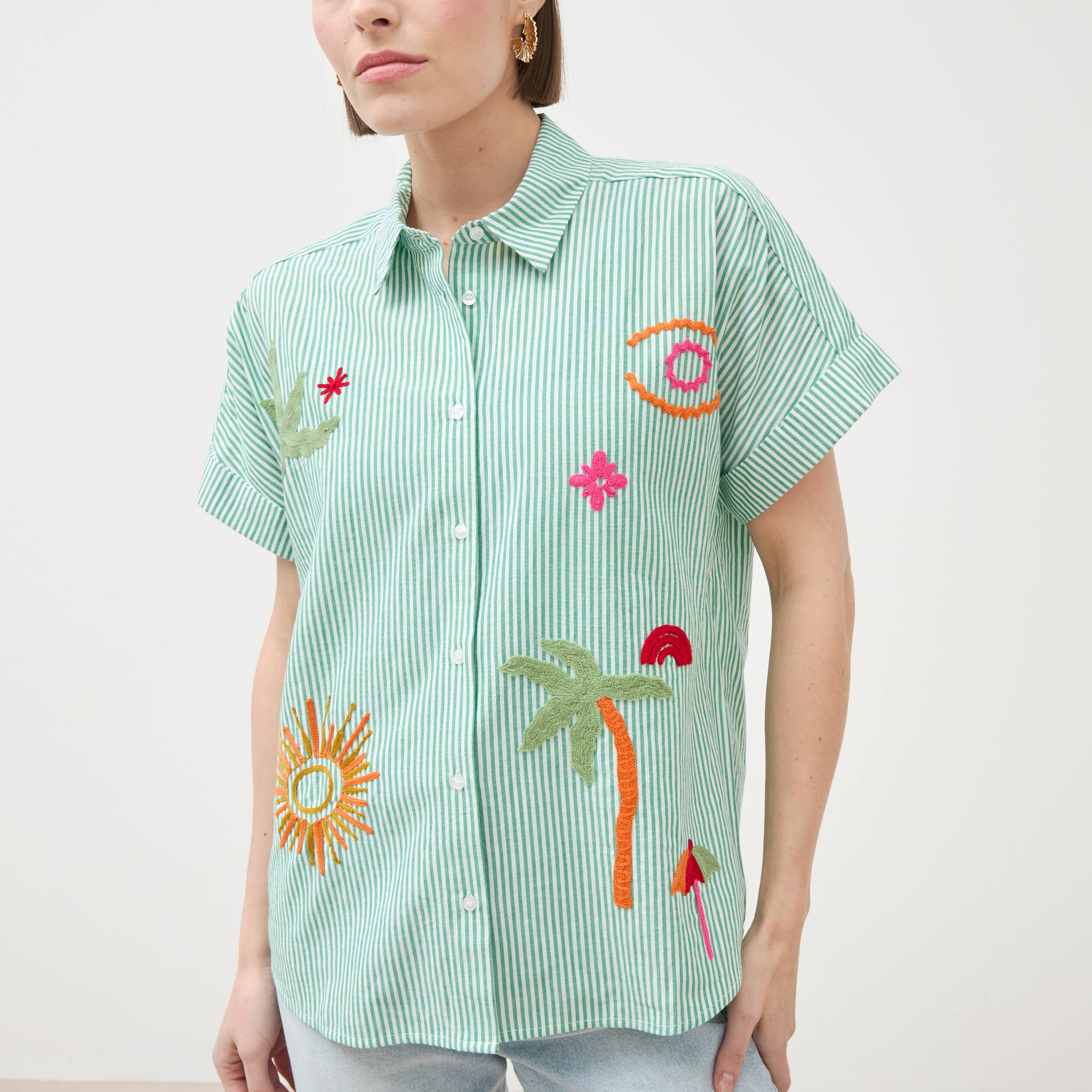 Chemise ample en coton &agrave; broderie vert femme