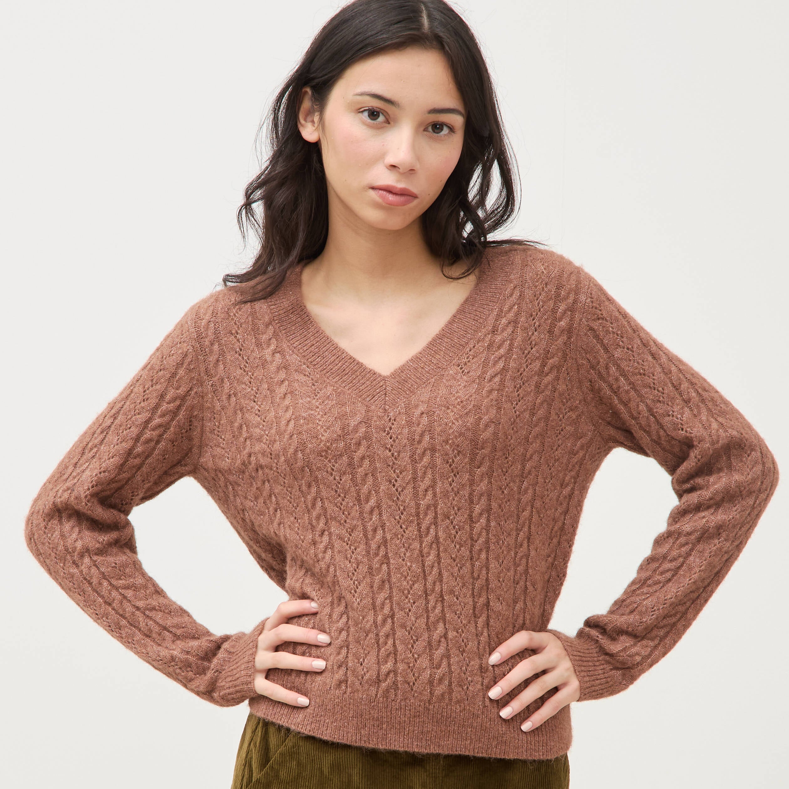 Pull droit col v manches longues marron clair femme