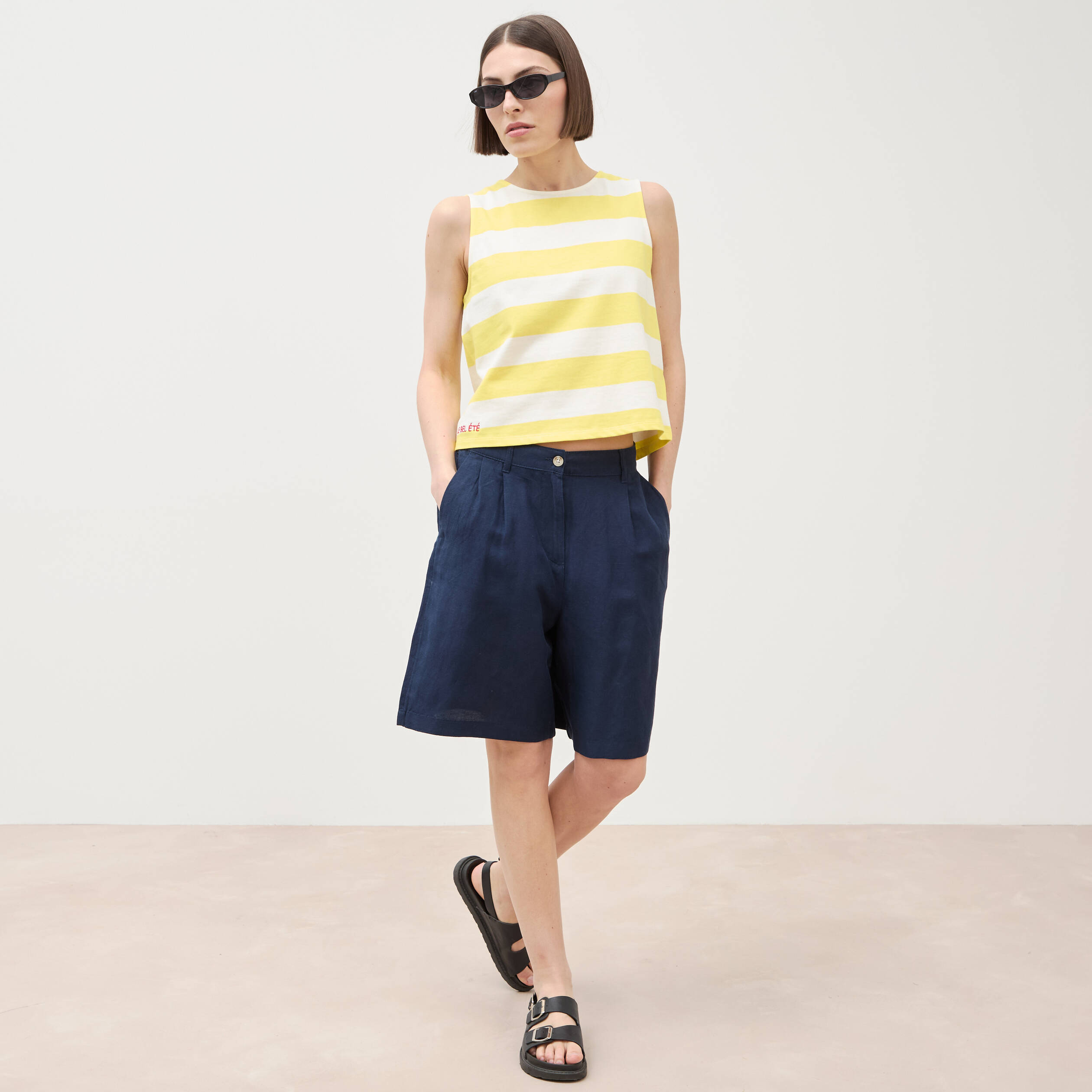 D&eacute;bardeur ray&eacute; col rond en coton jaune femme