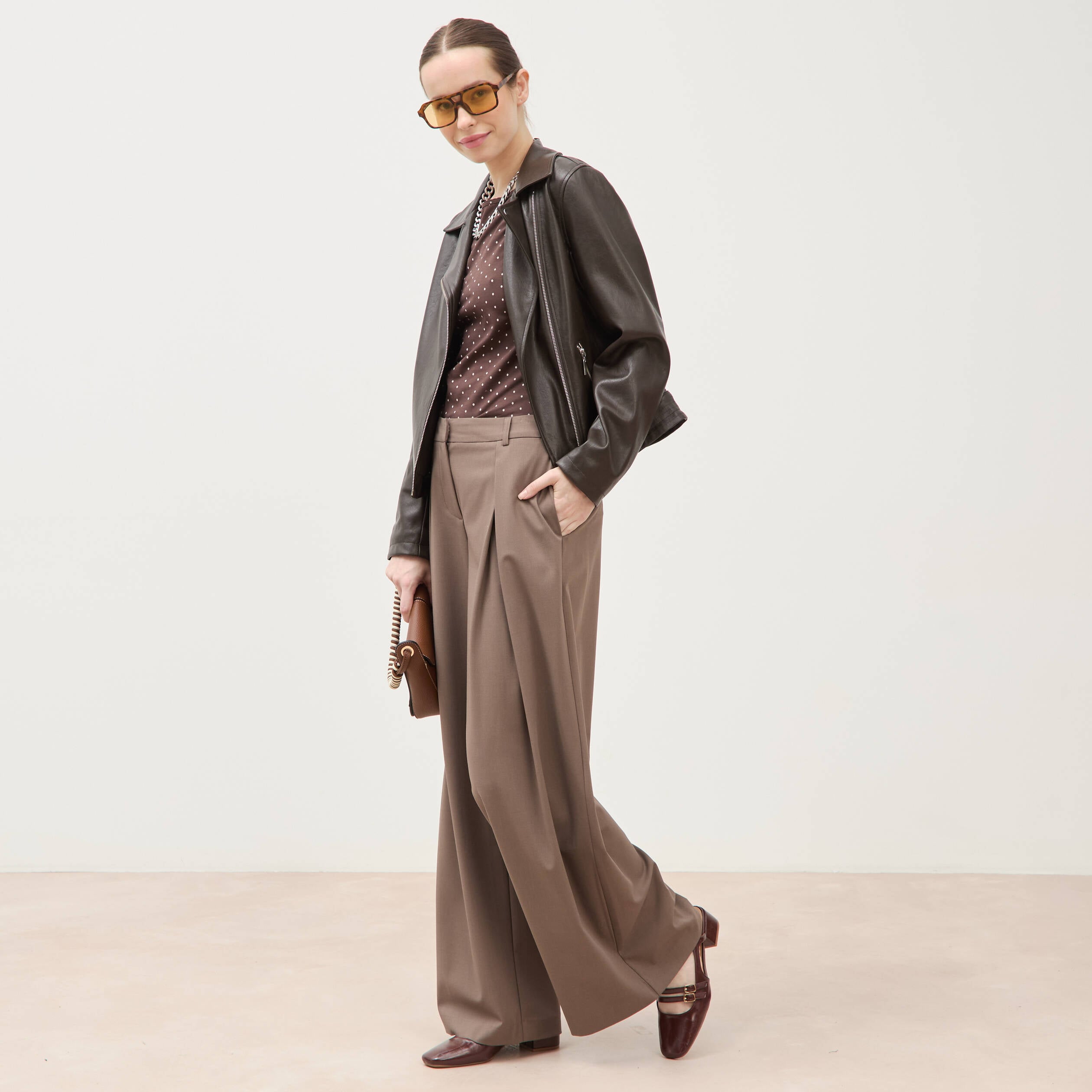 Pantalon large taille standard marron femme