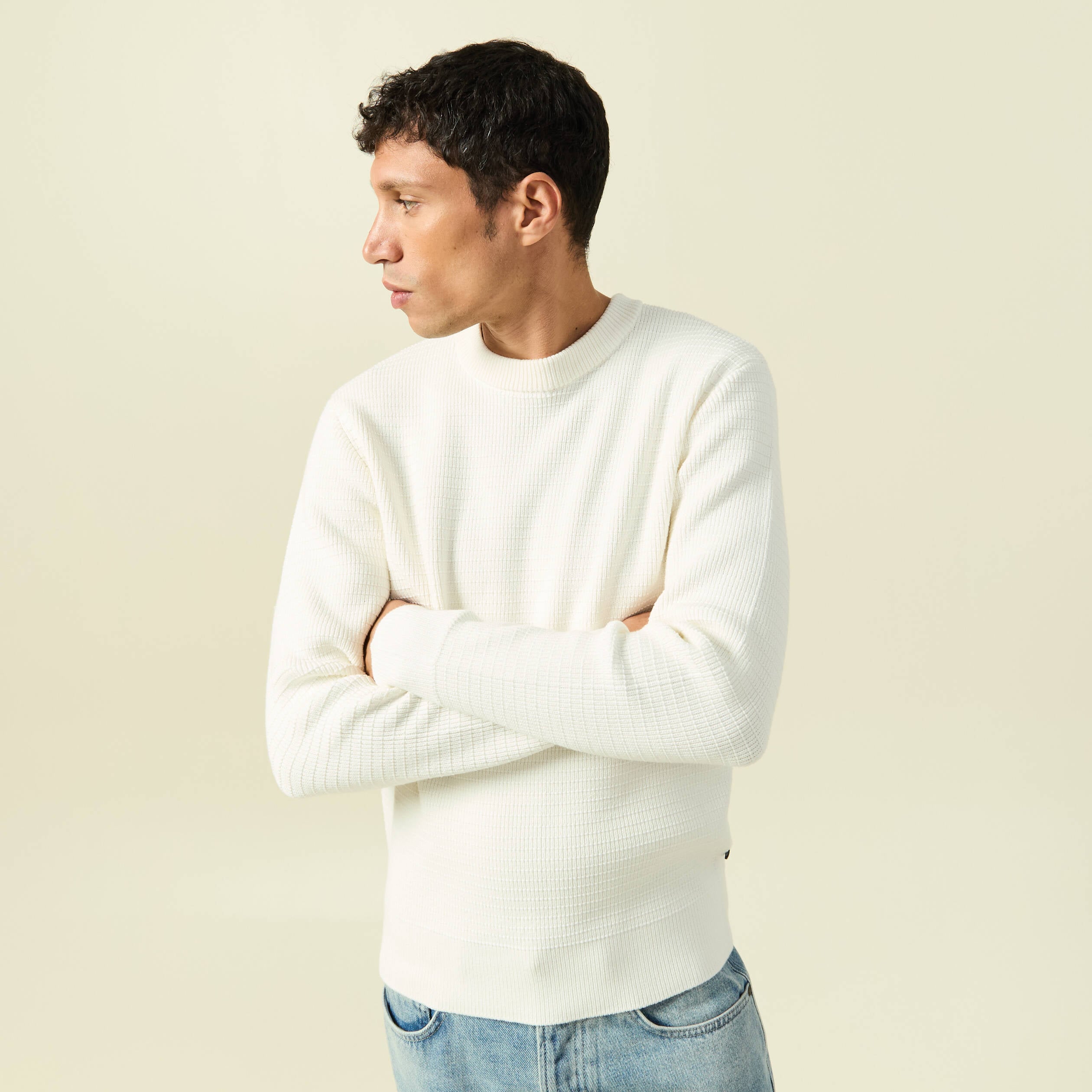 Pull col rond manches longues ecru homme