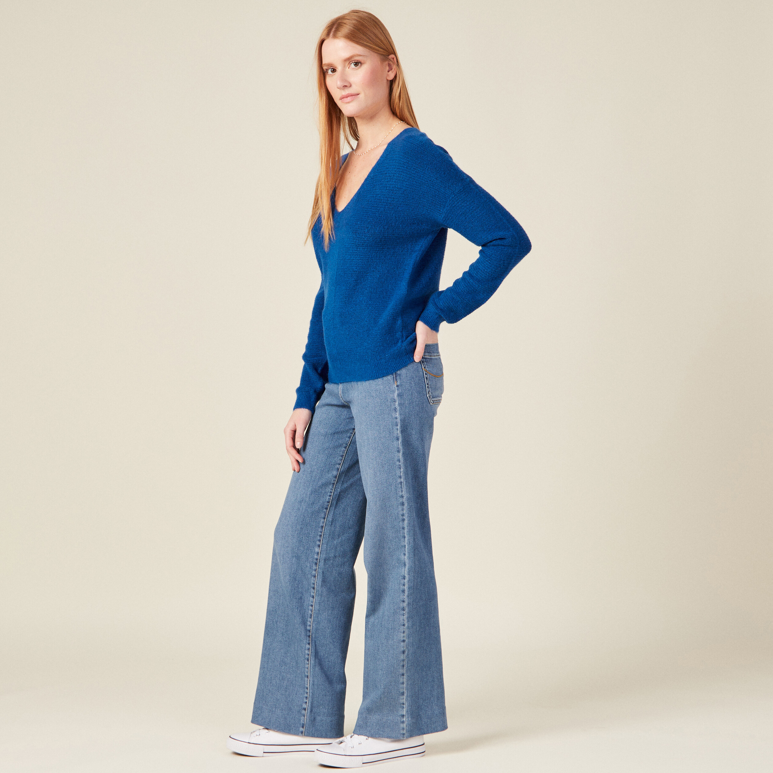 Pull manches longues bleu electrique femme
