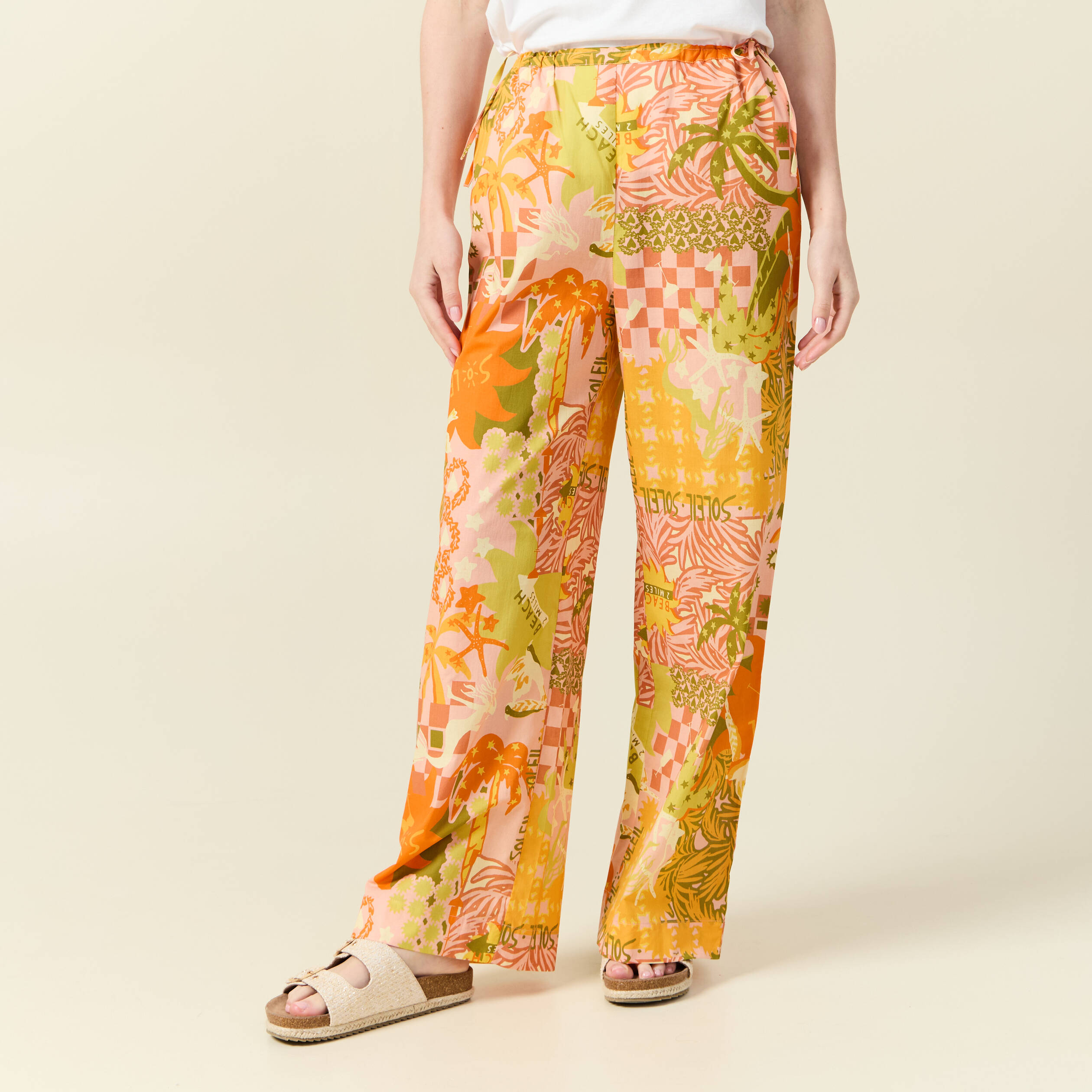 pantalon large taille haute en coton orange corail femme Pantalon large taille haute en coton orange corail femme