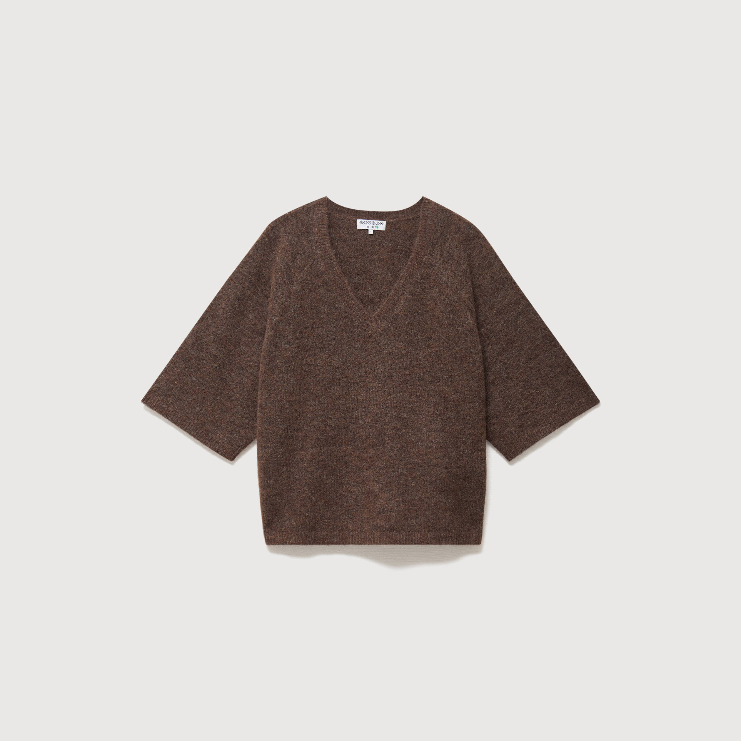 Pull droit court col v manches courtes marron femme