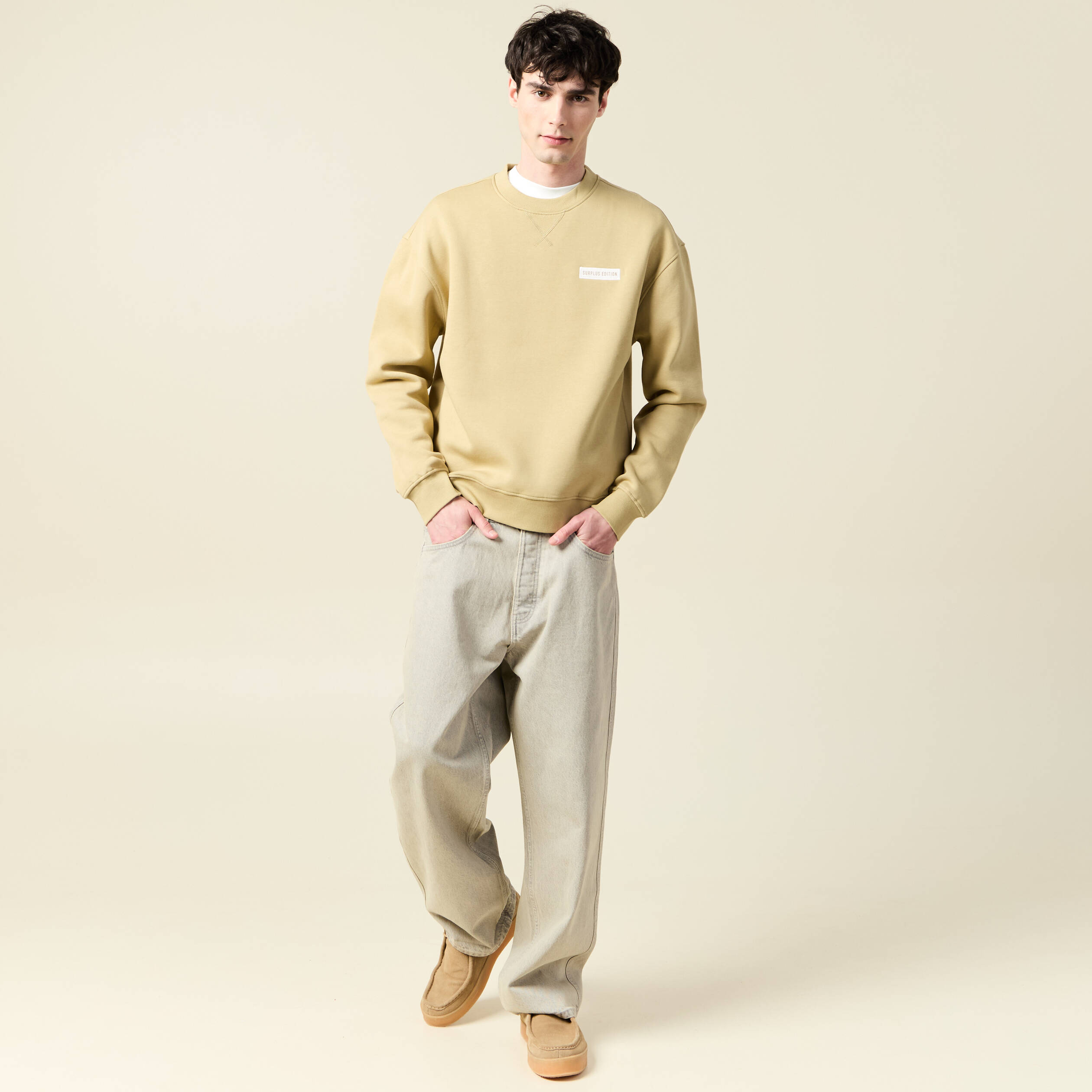 Sweat col rond manches longues beige homme