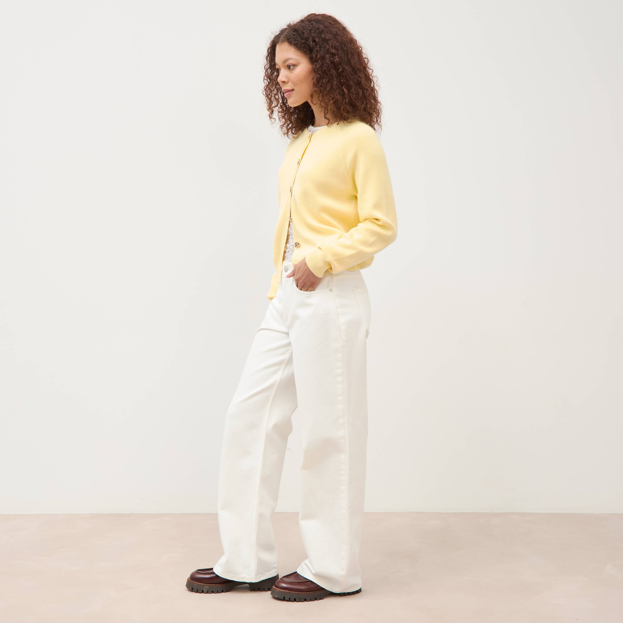 Jeans wide leg taille bascul&eacute;e denim blanc femme