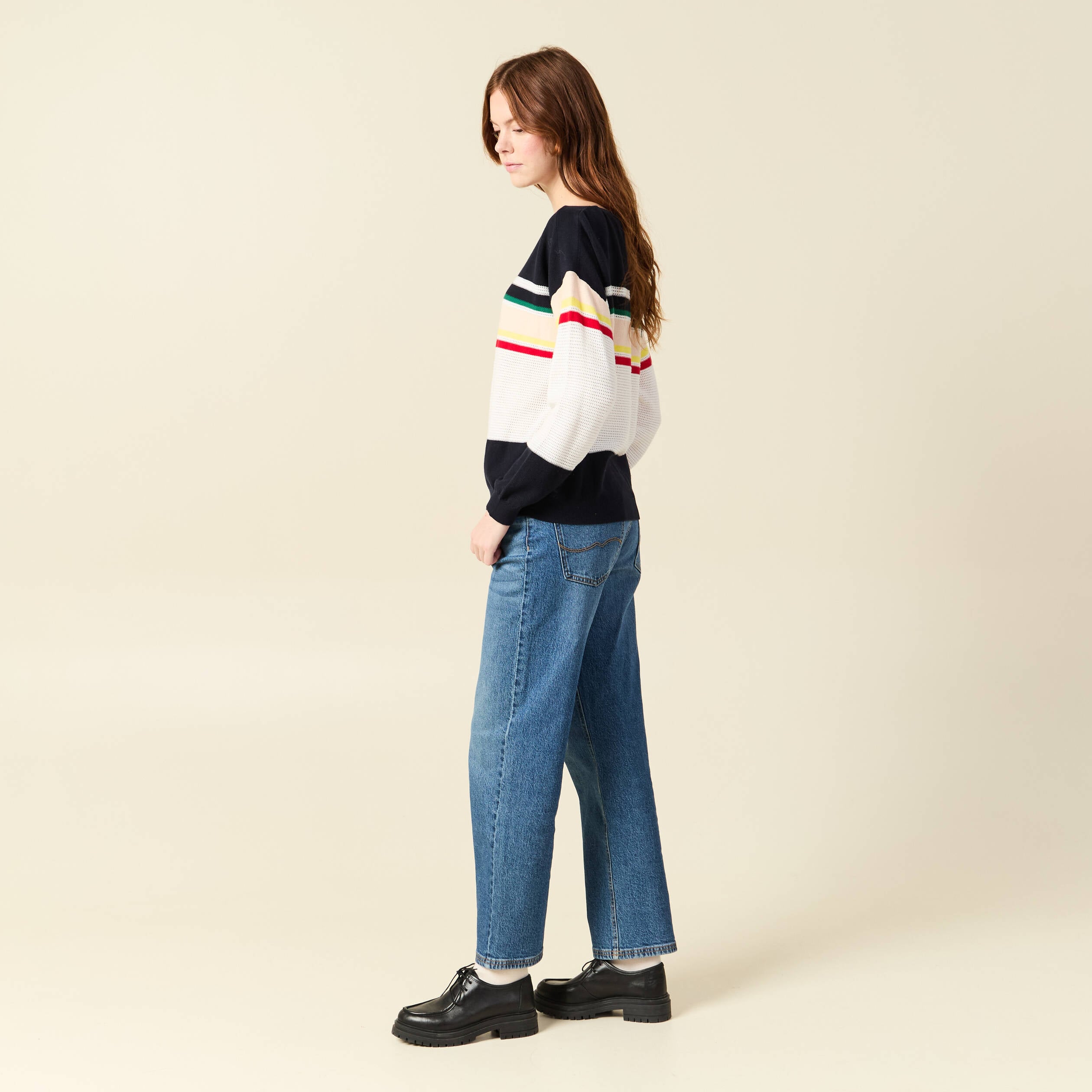 Pull col bateau manches longues en coton bleu marine femme